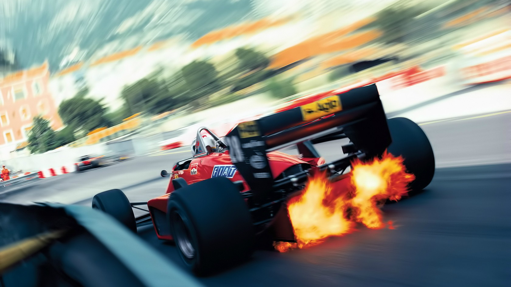 Red Formula 1 race car with flames from exhaust HD Wallpaper