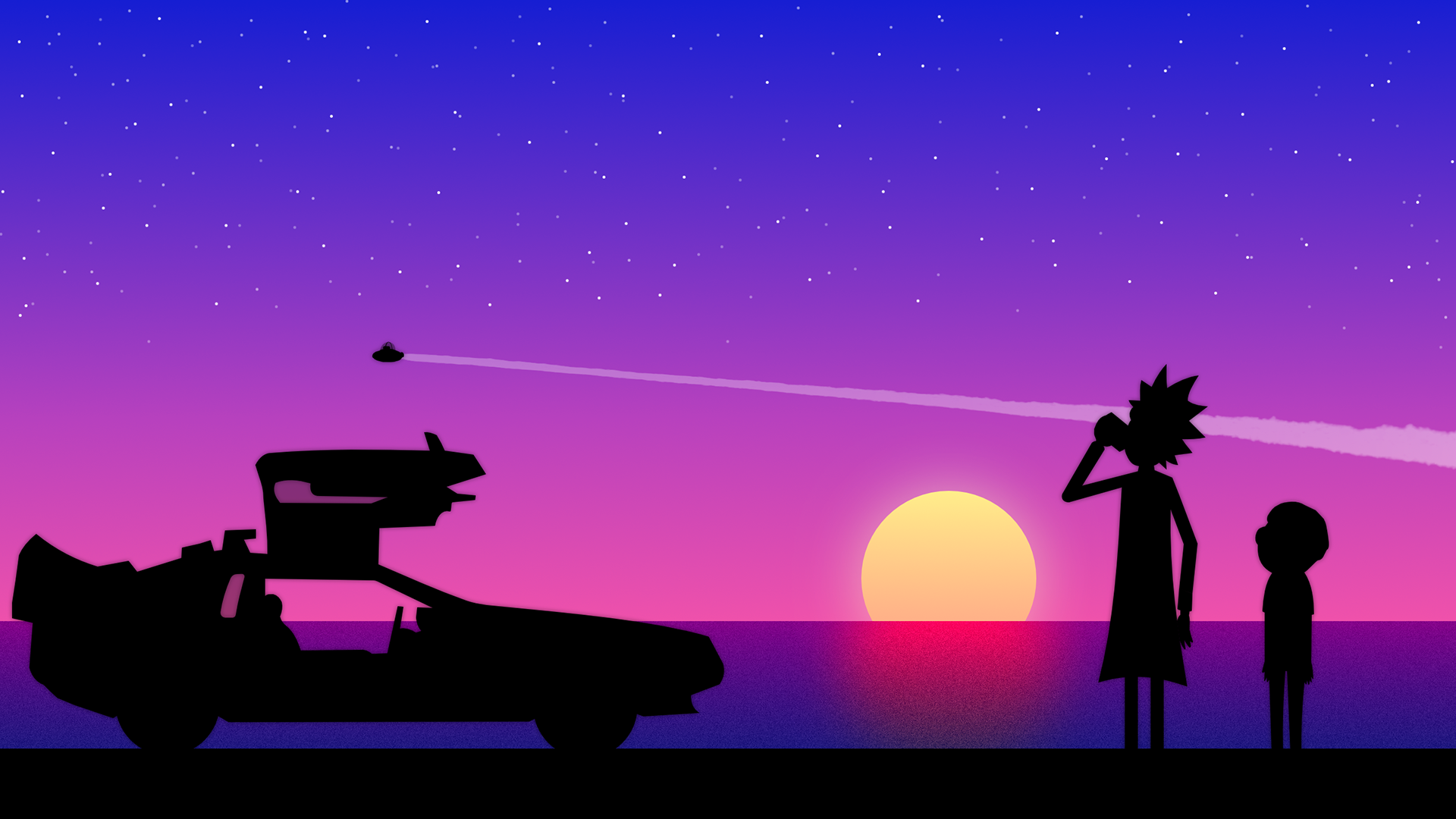 sunset, Rick Sanchez, Rick and Morty, wubalubadubdub, Morty Smith, DeLorean HD Wallpaper