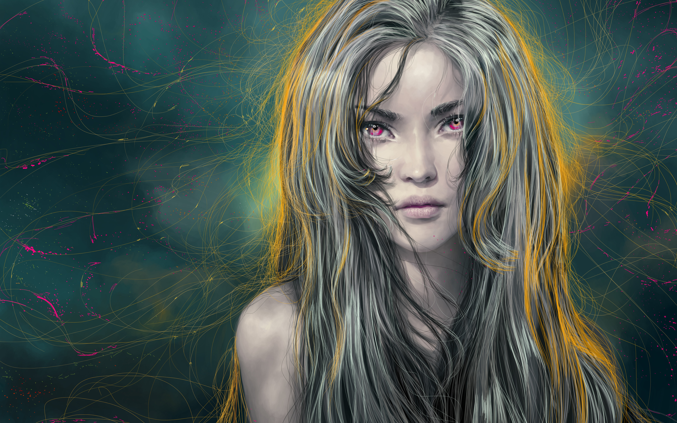 Digital art of a woman with pink eyes and flowing hair HD Wallpaper