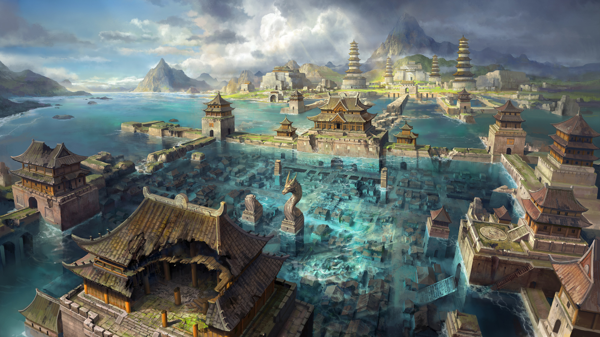Flooded Asian city with pagodas and dragon statue HD Wallpaper