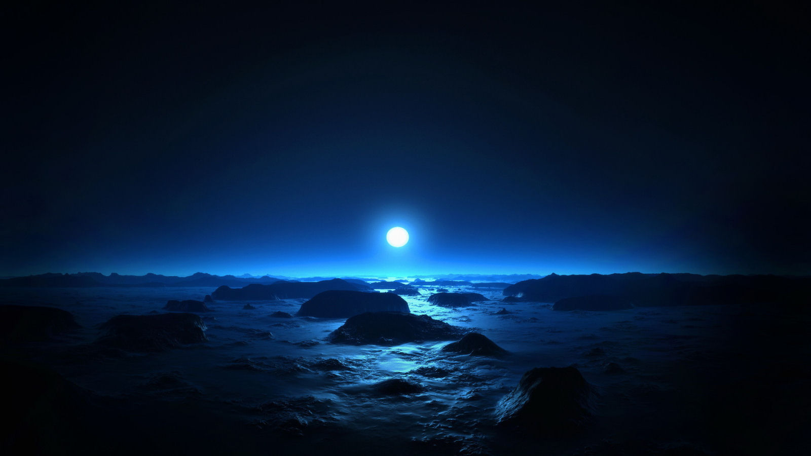 Moonlit alien landscape with rocky terrain HD Wallpaper