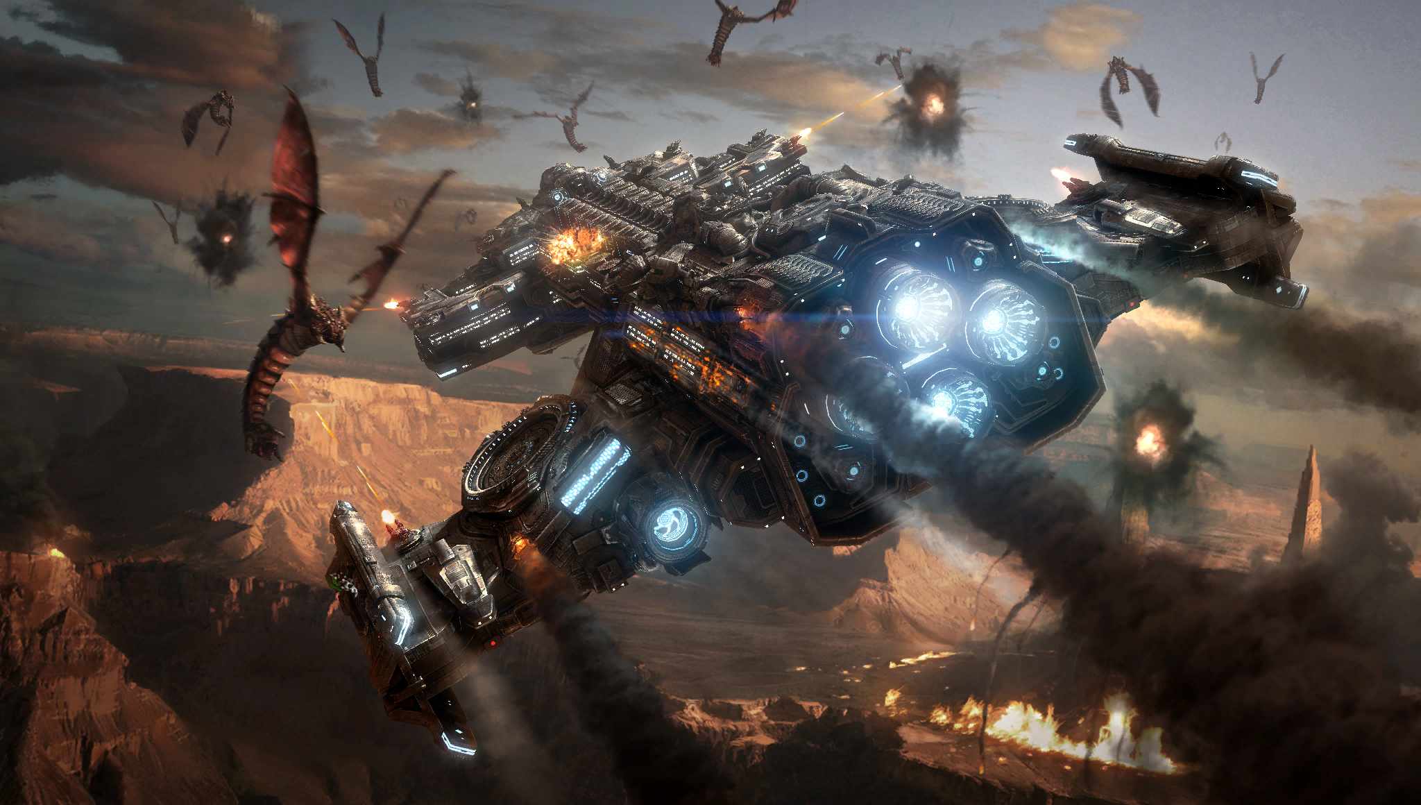 StarCraft II battle with dragons and spaceships HD Wallpaper