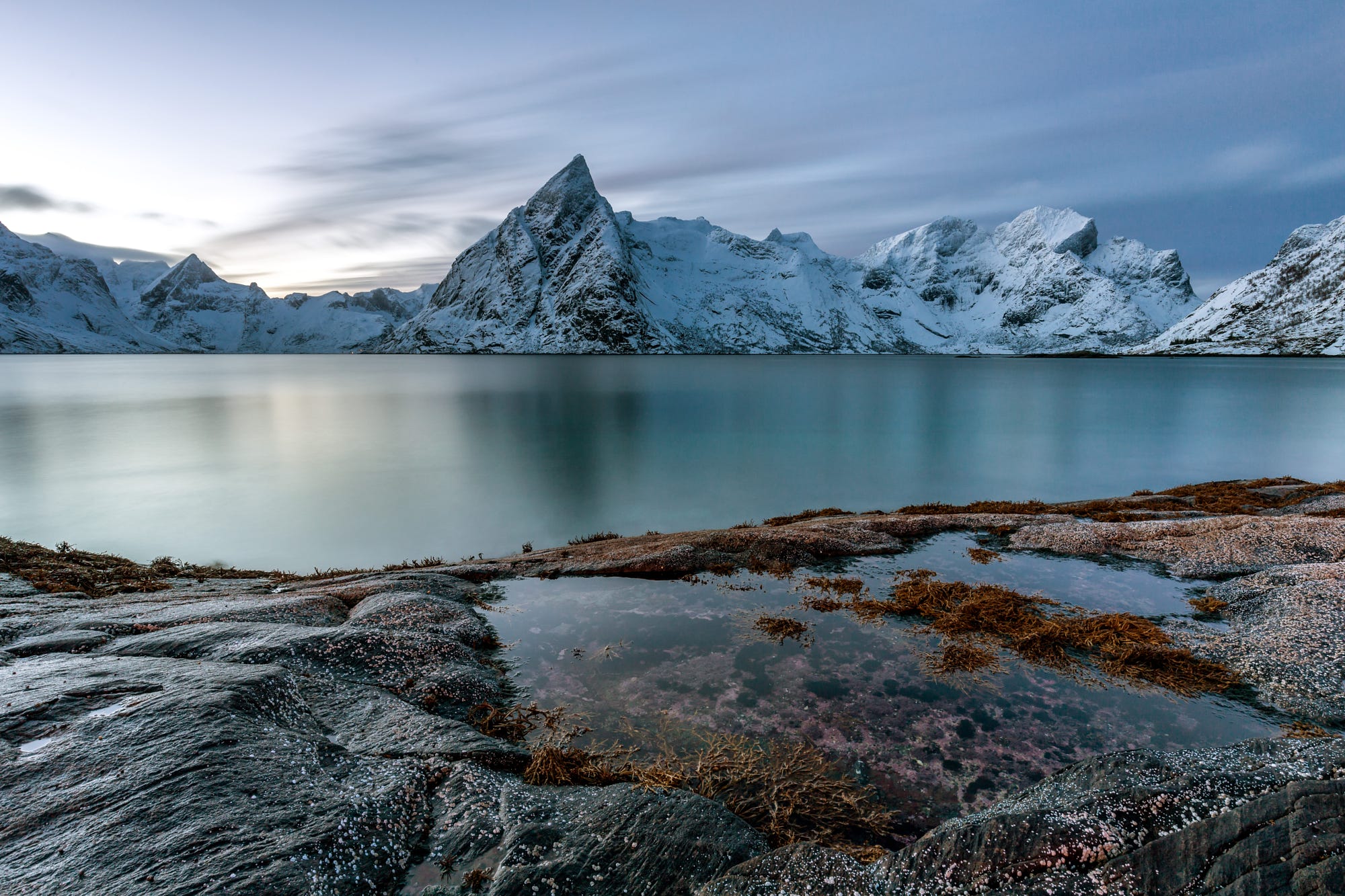 Snowy mountains and lake landscape in Norway HD Wallpaper