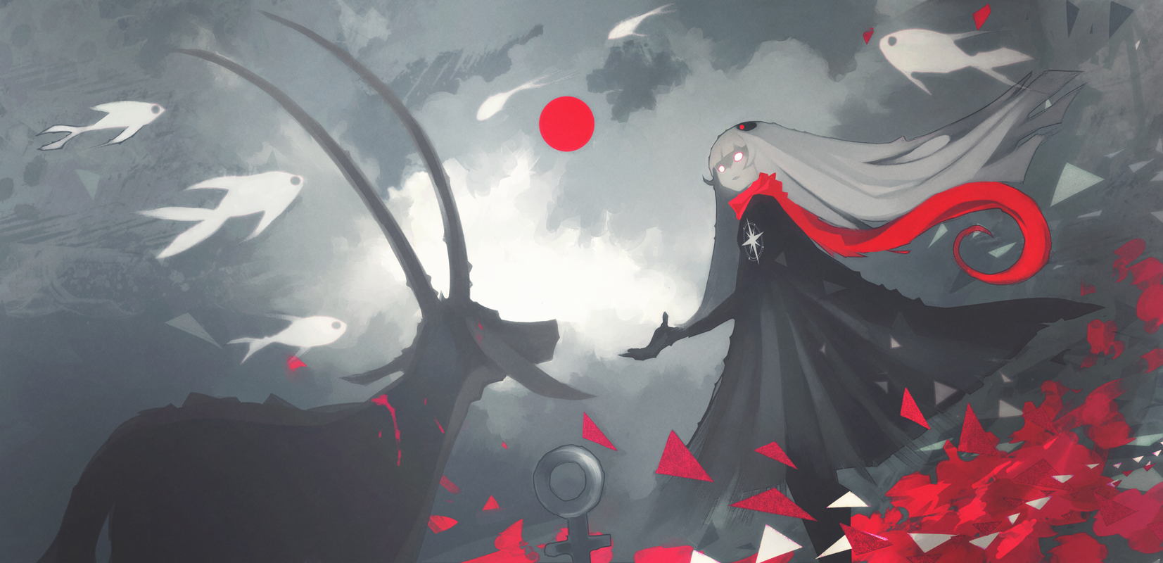 Artwork of a girl and a goat with flying fish HD Wallpaper