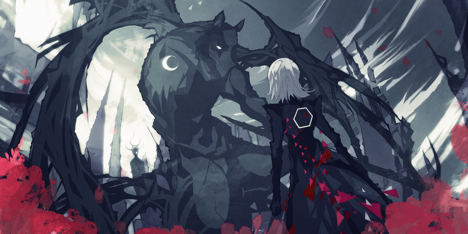 Fantasy art of a dark creature and a person HD Wallpaper