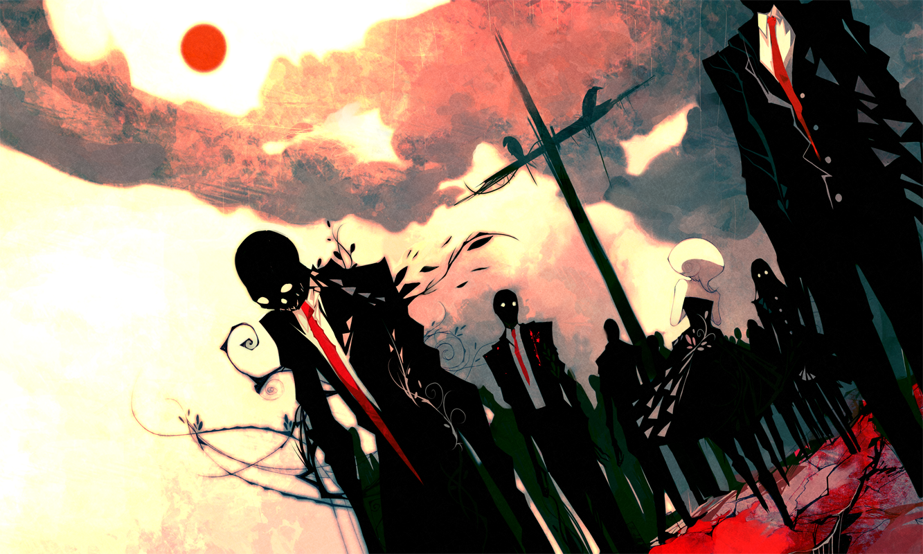 Artwork of figures in suits with red ties under a red sun HD Wallpaper