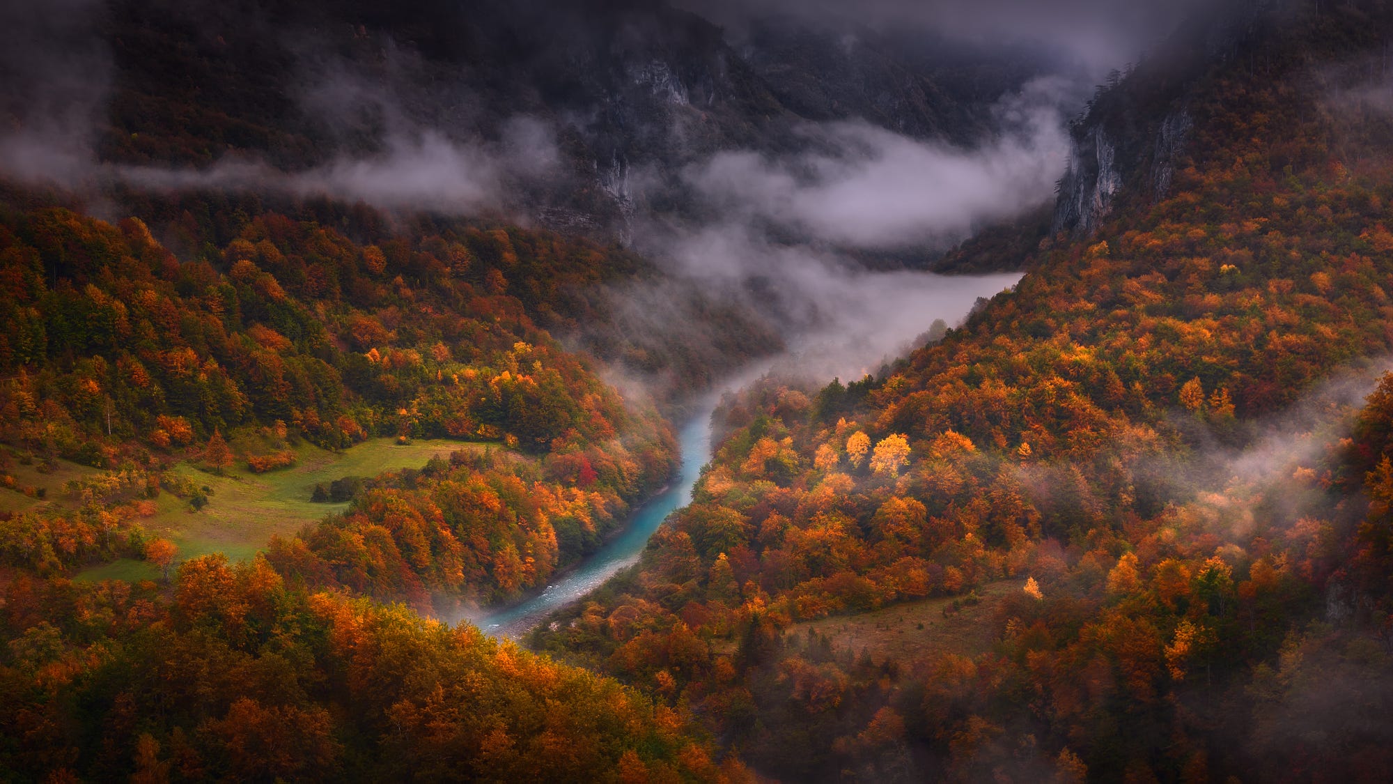 Misty river valley in autumn HD Wallpaper