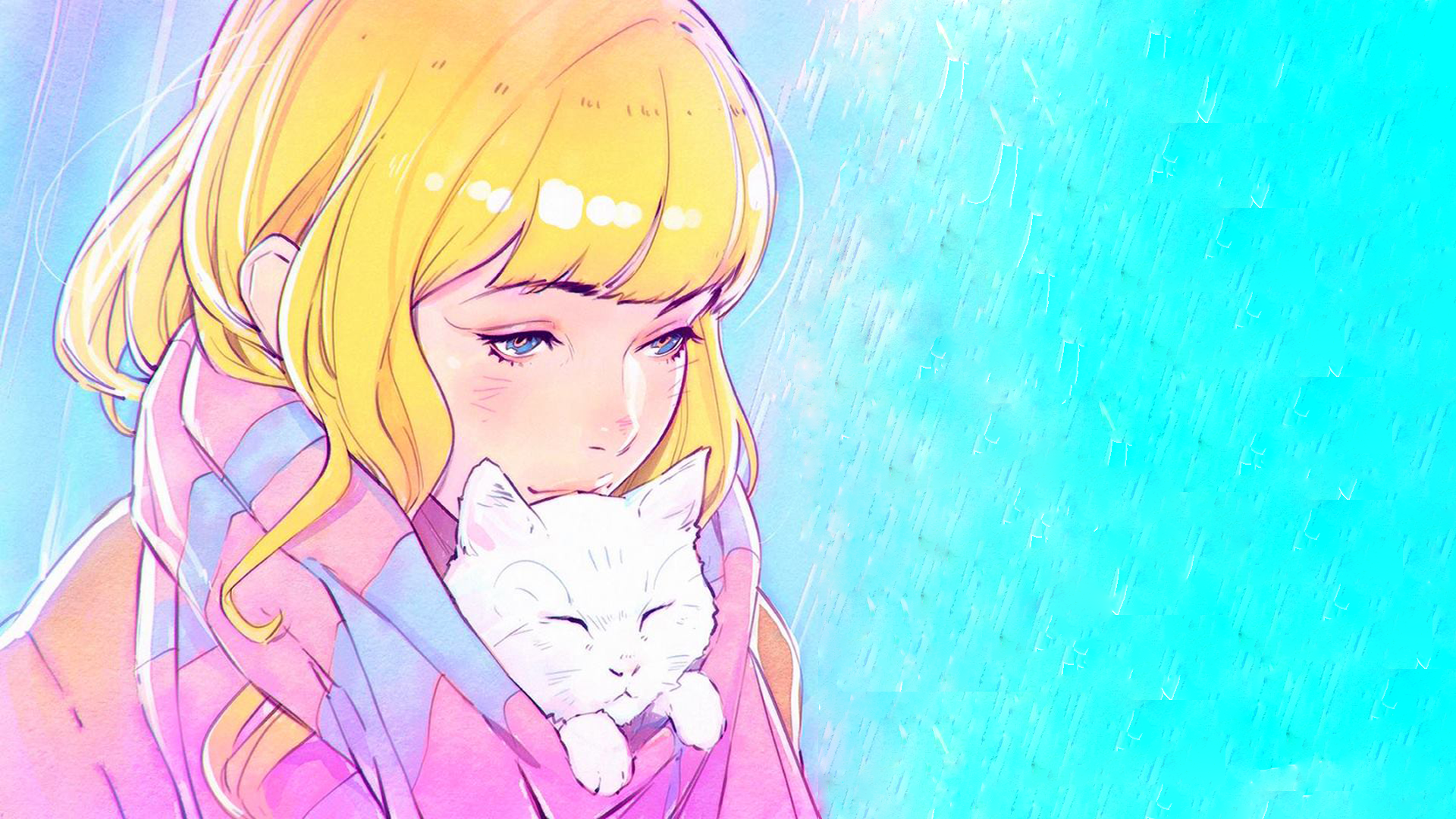 Anime girl with blonde hair holding a white cat HD Wallpaper