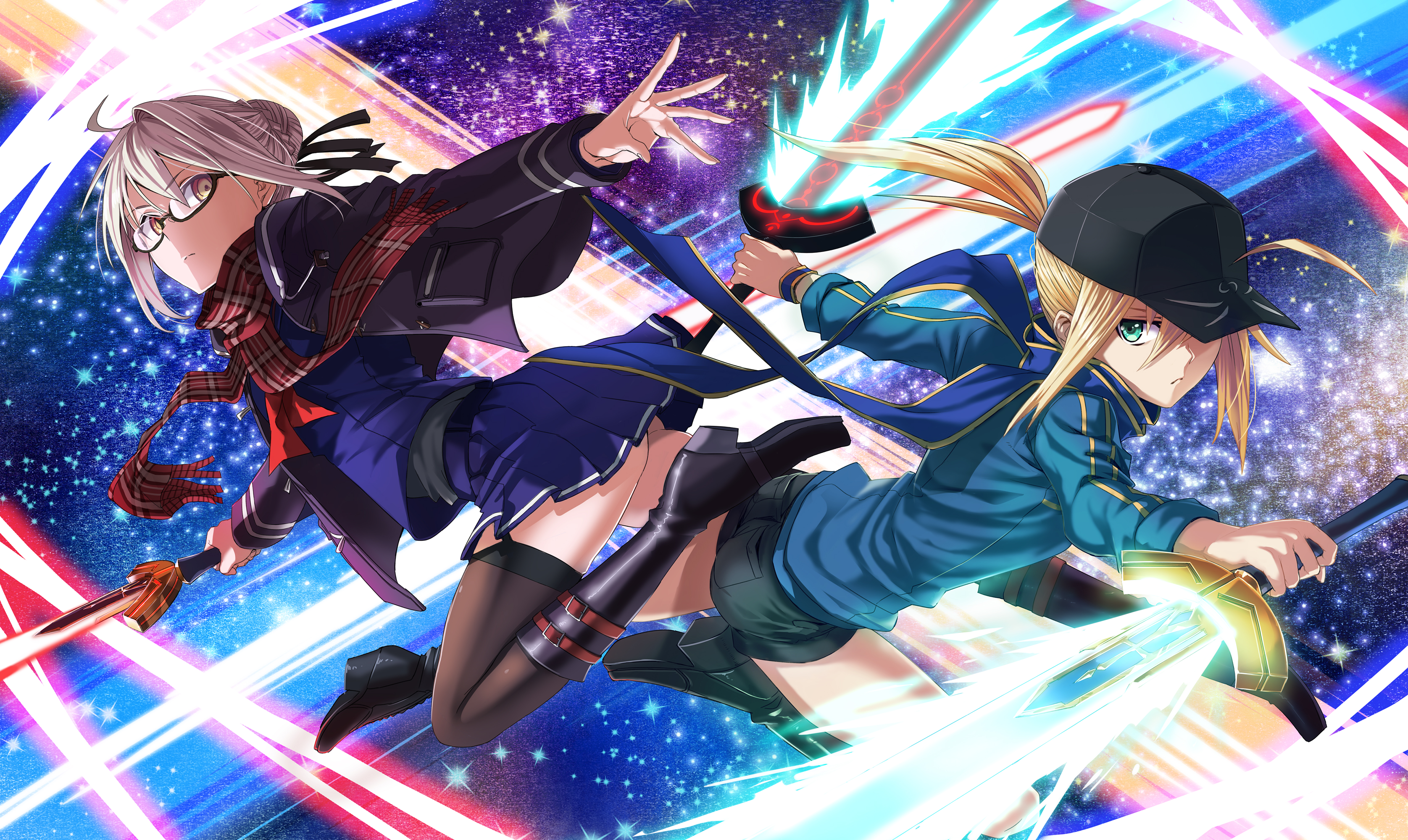 anime girls, ass, Mysterious Heroine X Alter (FateGrand Order), hat, Mysterious Heroine X (FateGrand Order), Saber, skirt, glasses, thigh-highs, anime, boots, short hair, Assassin (FateGrand Order), blonde, Fate Series, scarf HD Wallpaper
