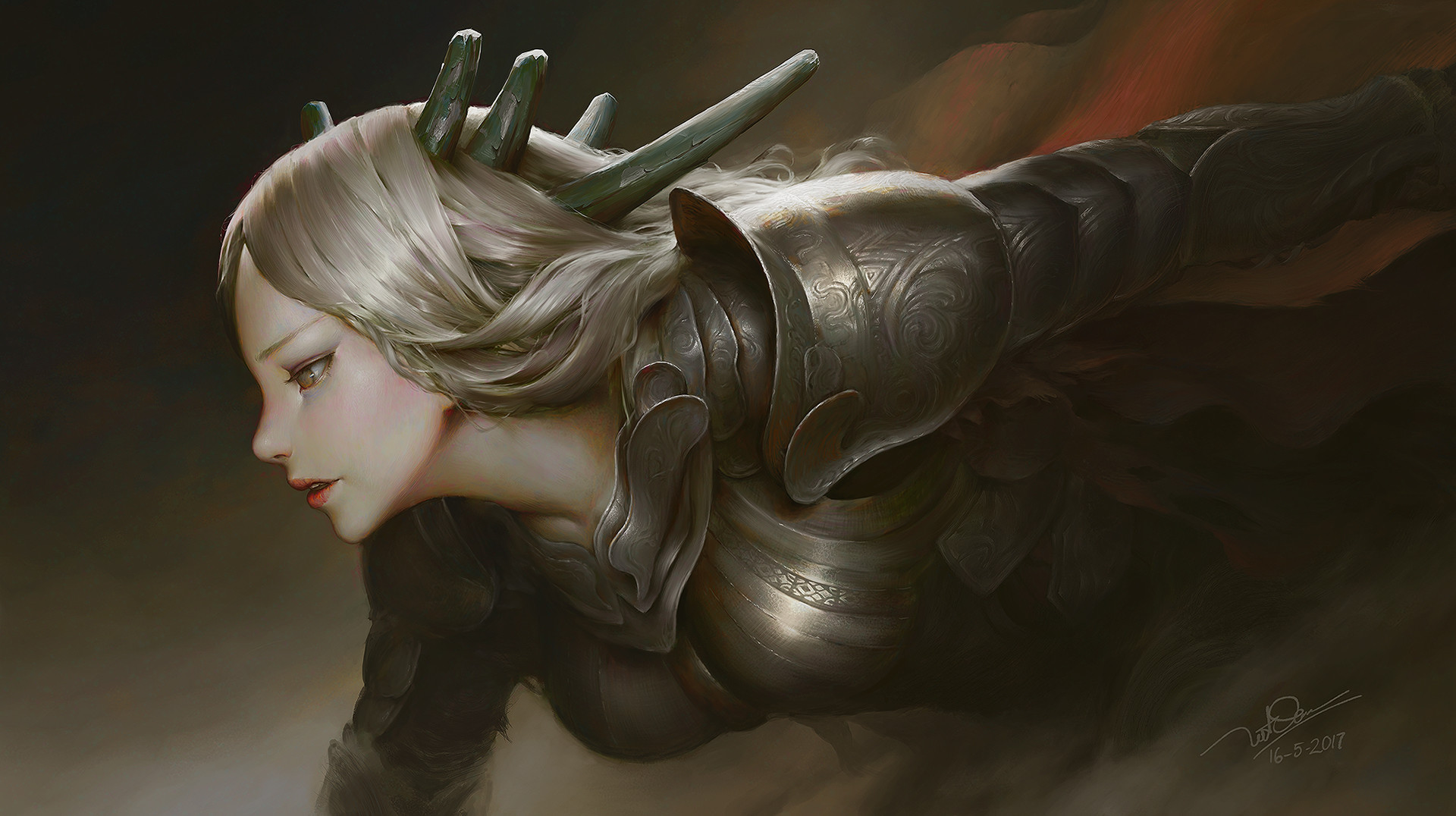 Fantasy warrior woman in ornate armor HD Wallpaper