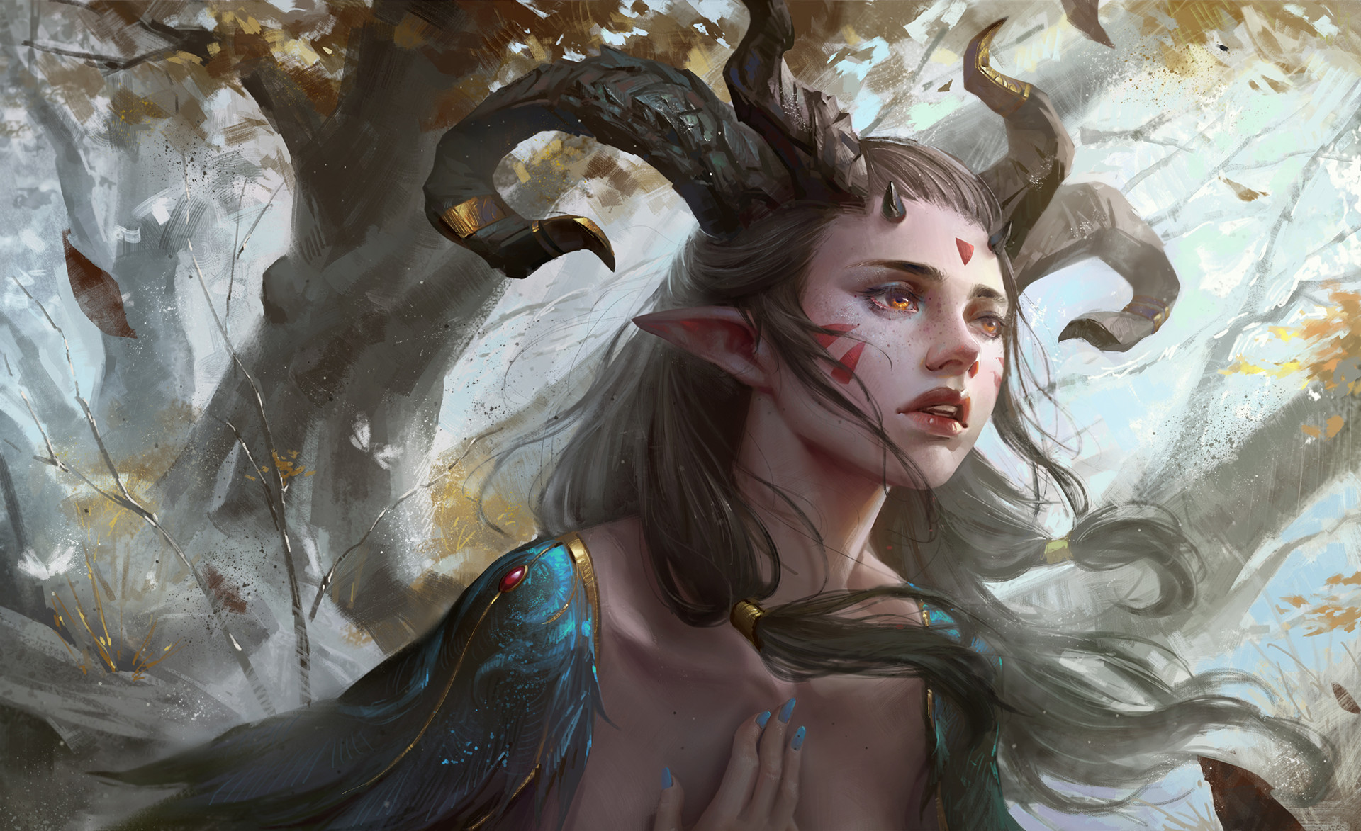Fantasy art of a female elf with horns in a forest HD Wallpaper