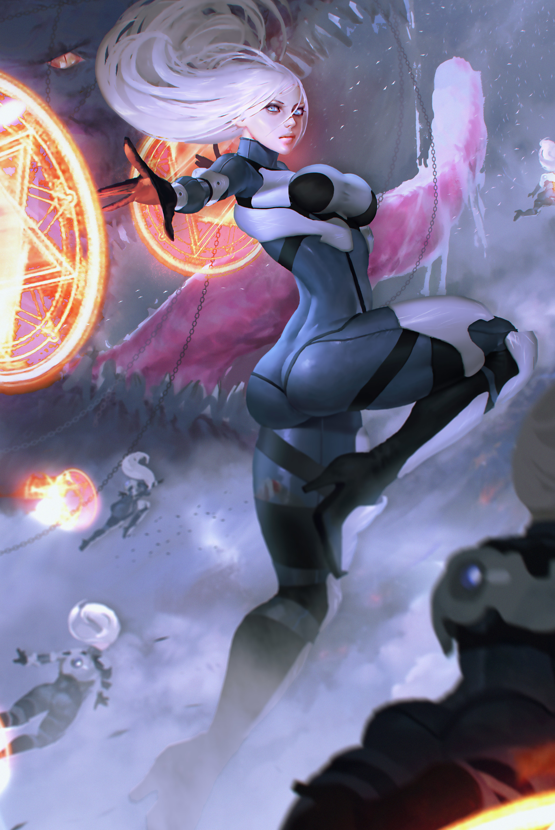 Fantasy art of a woman casting magic with other figures HD Wallpaper