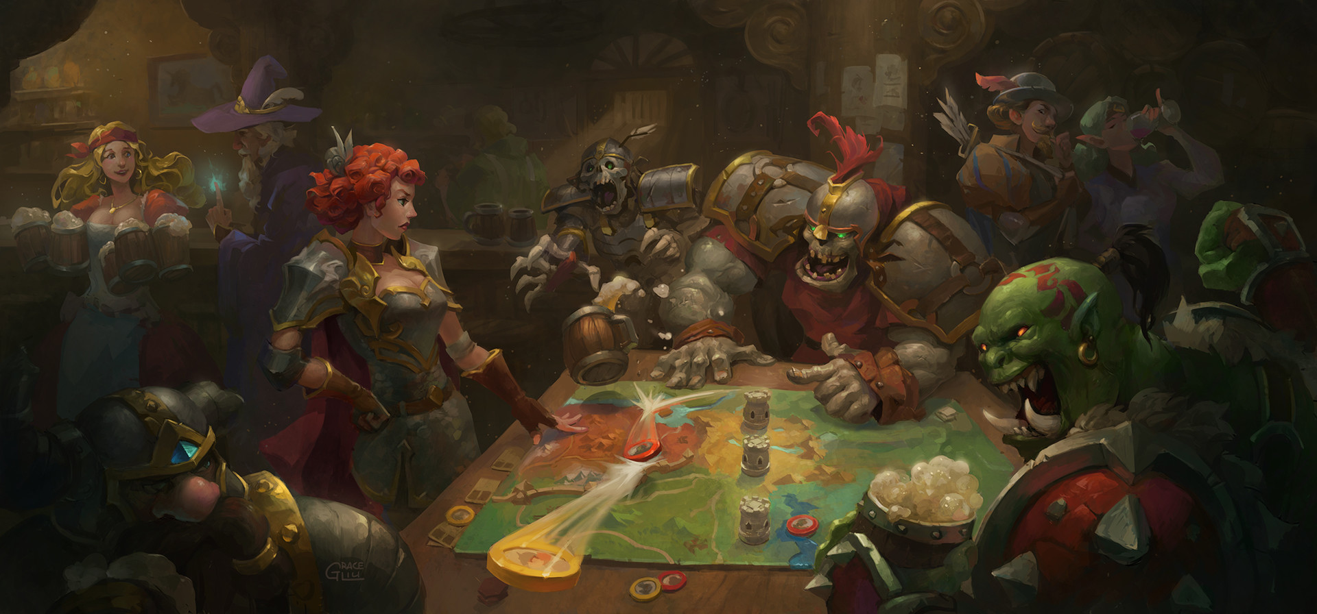 Fantasy characters playing a board game in a tavern HD Wallpaper