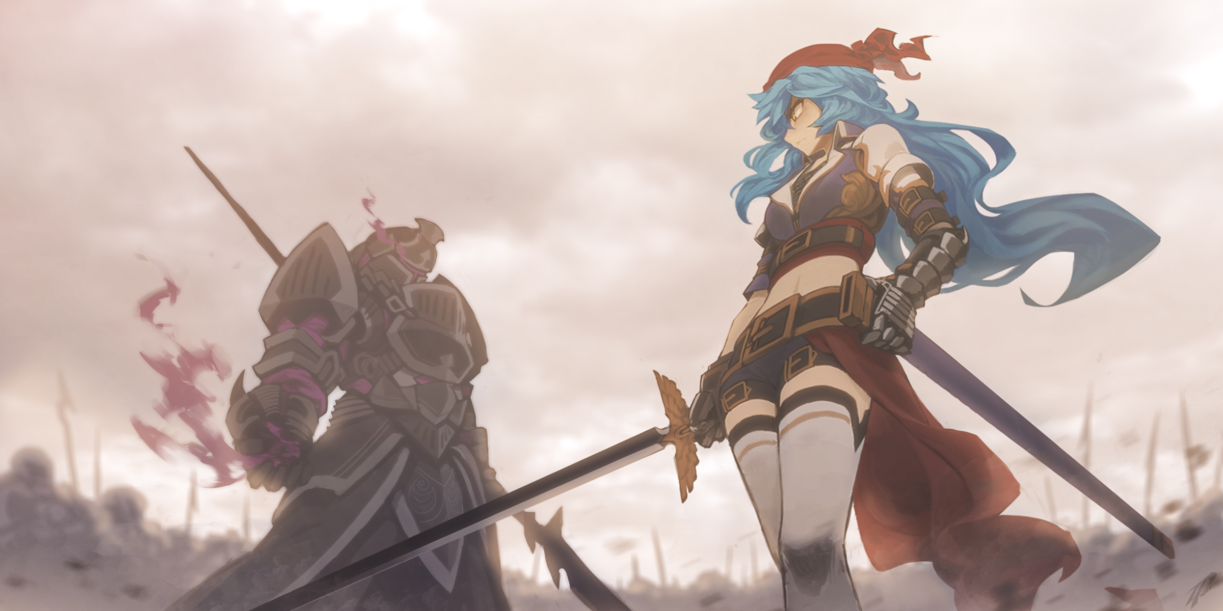 Fantasy warrior in armor and a woman with blue hair holding swords HD Wallpaper