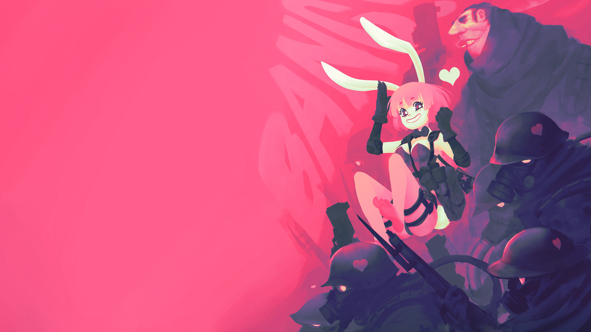 Girl with bunny ears and soldiers with gas masks HD Wallpaper