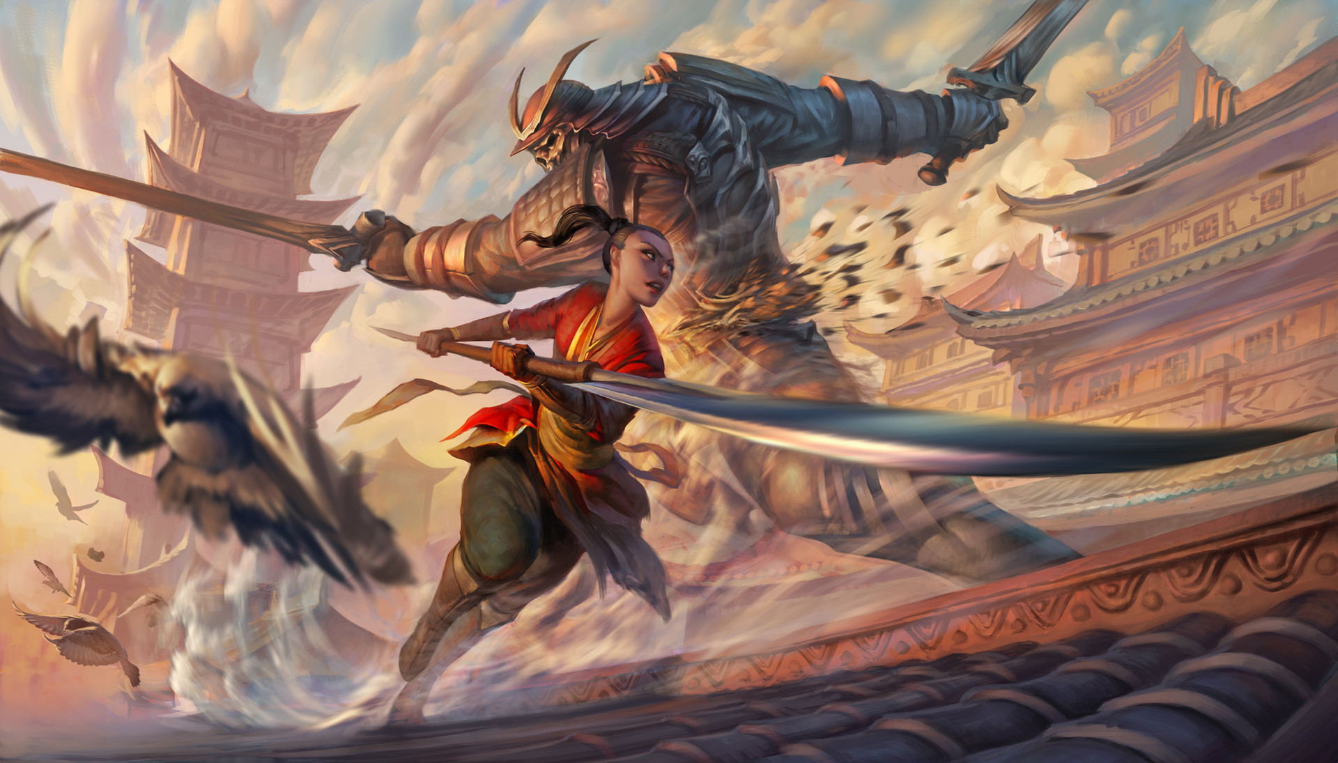 Samurai warrior fighting with a sword in front of pagodas HD Wallpaper