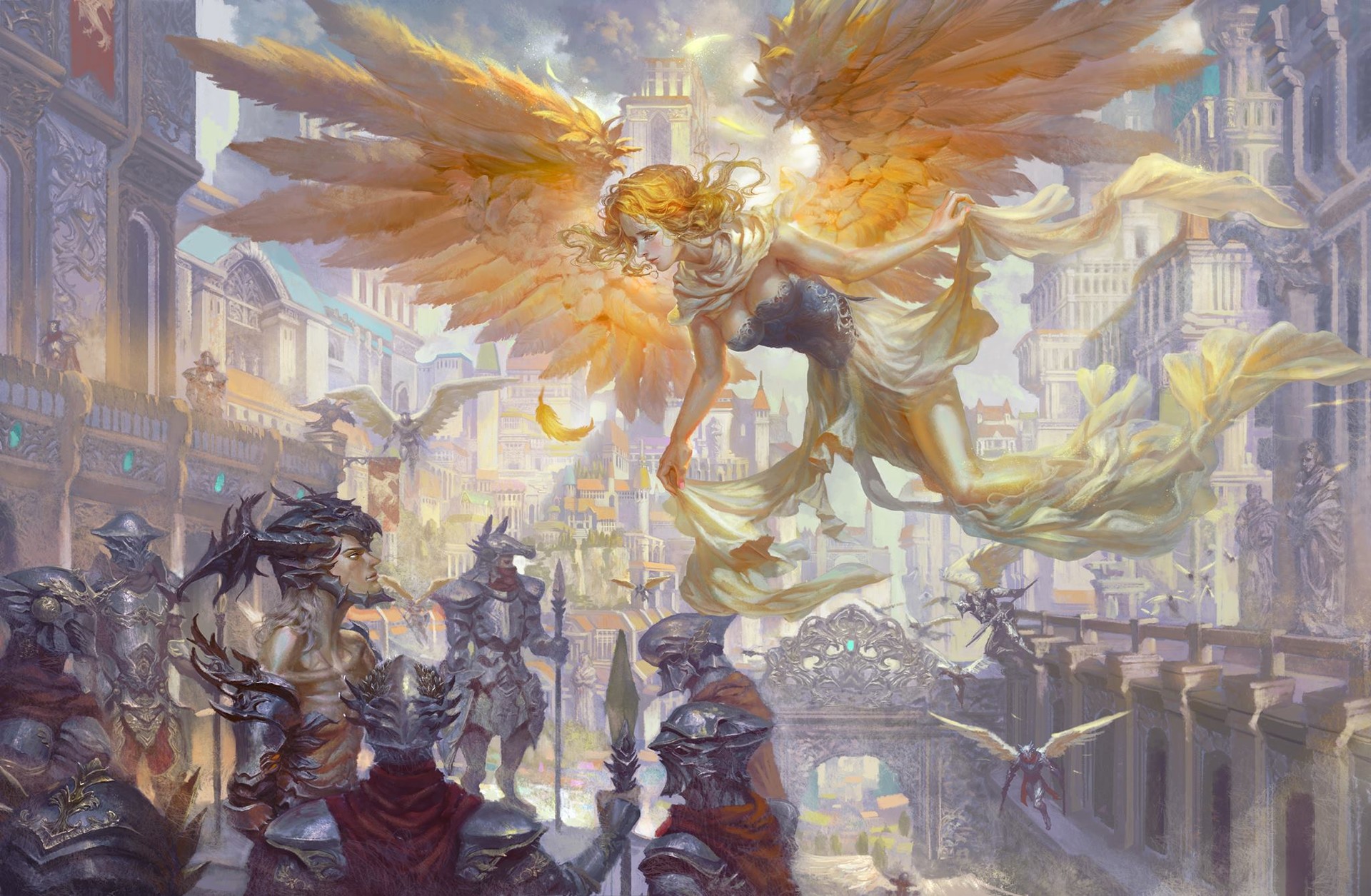 Angel warrior in a fantasy city HD Wallpaper