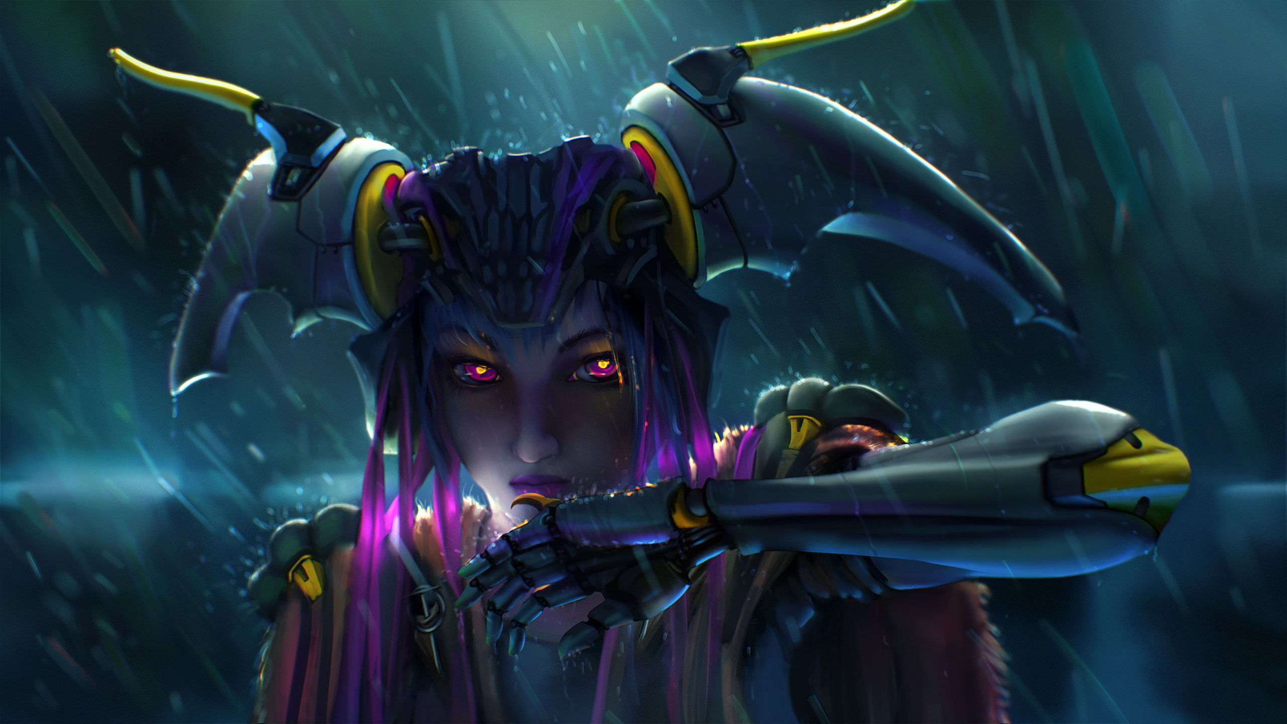 Fantasy futuristic character with glowing eyes and mechanical wings HD Wallpaper