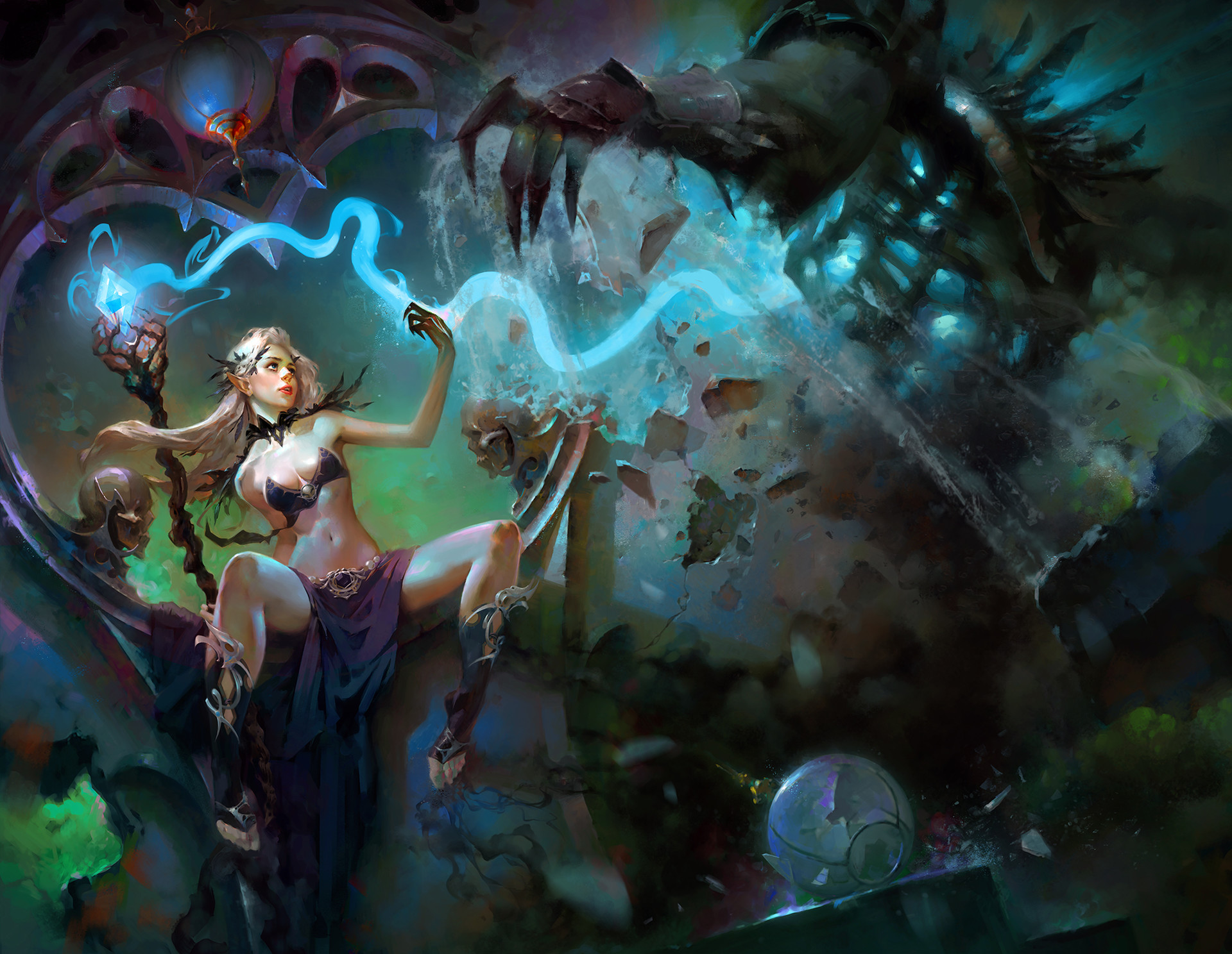 Elf sorceress casting magic against a dark creature HD Wallpaper