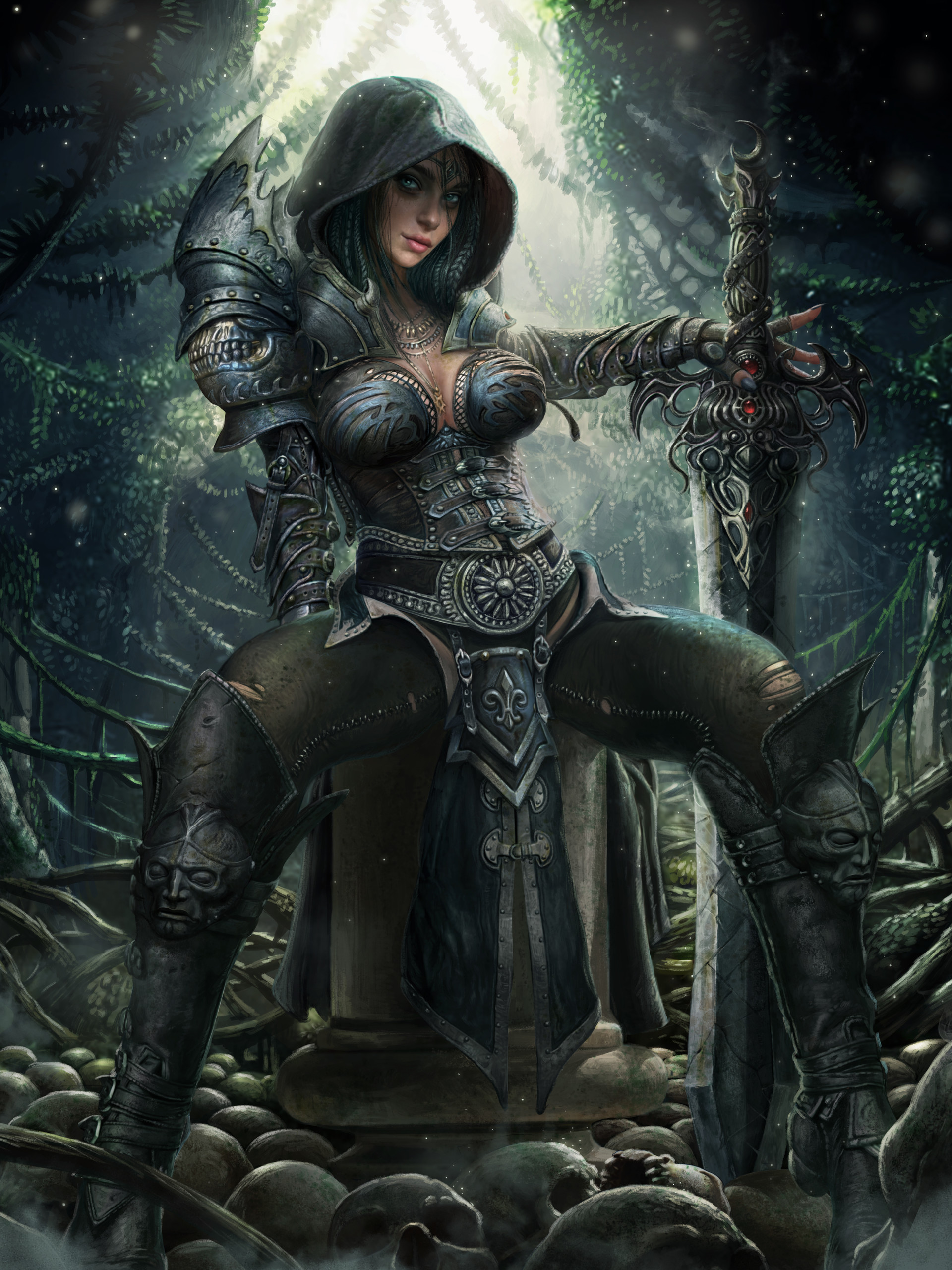 Fantasy warrior woman with sword in forest HD Wallpaper