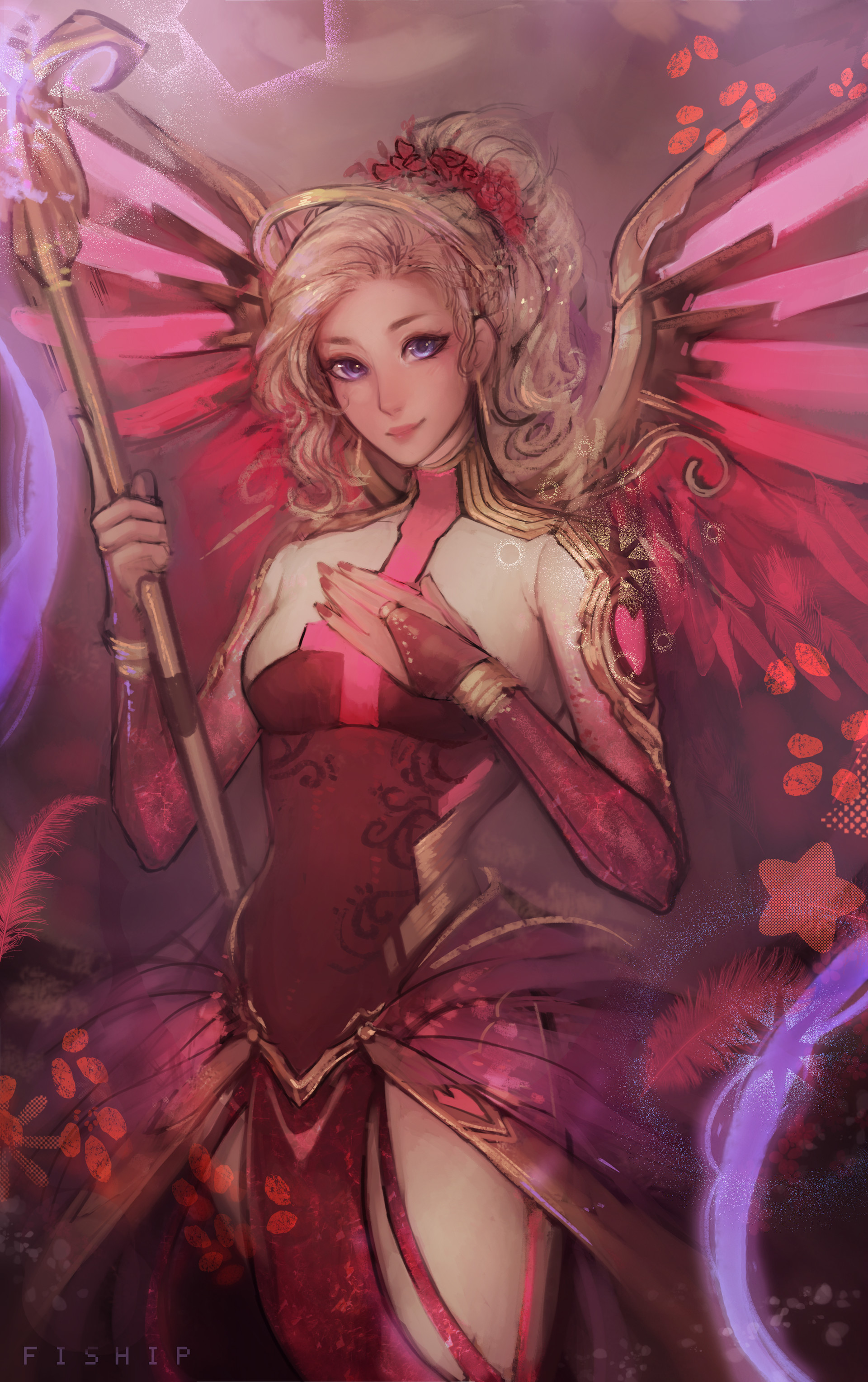 Mercy from Overwatch in a red dress HD Wallpaper