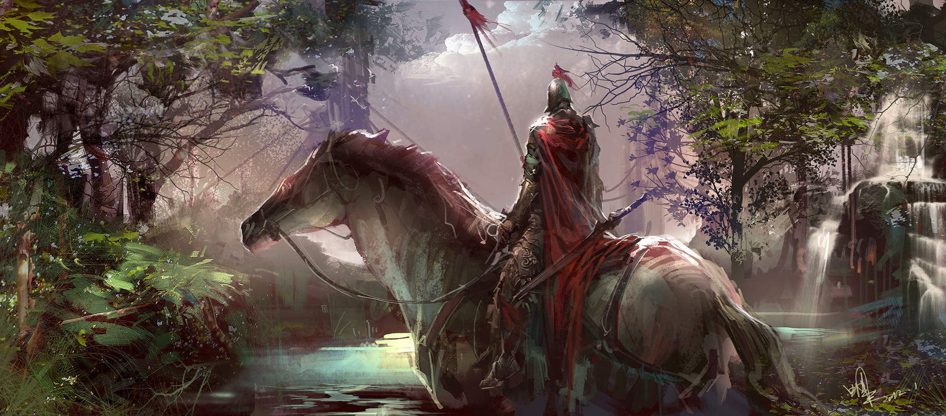 Knight on horseback in a forest with a waterfall HD Wallpaper
