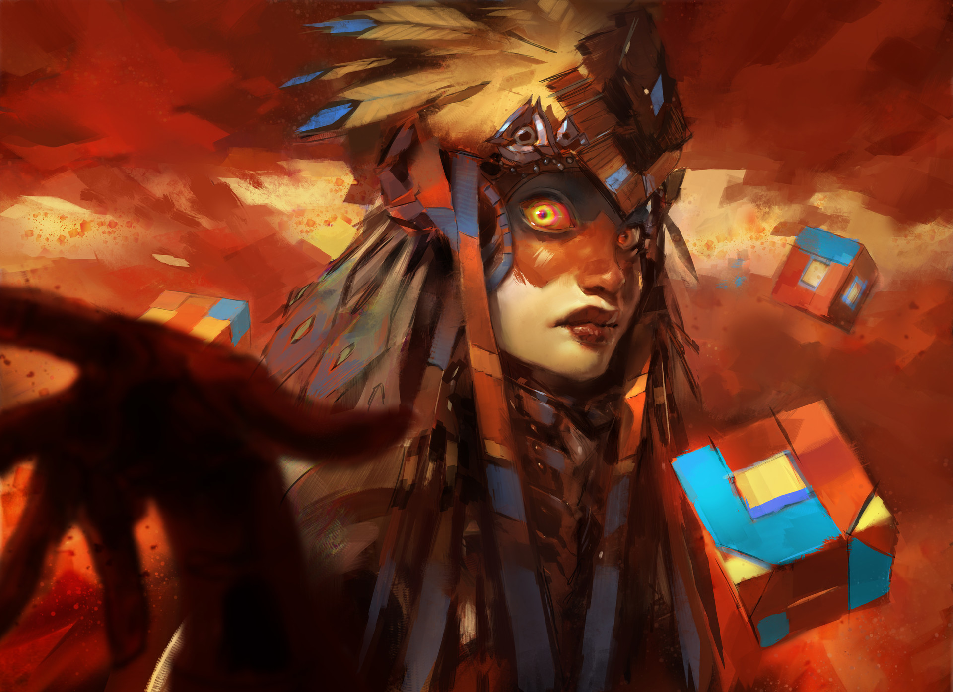 Woman with feathers and face paint holding cubes HD Wallpaper