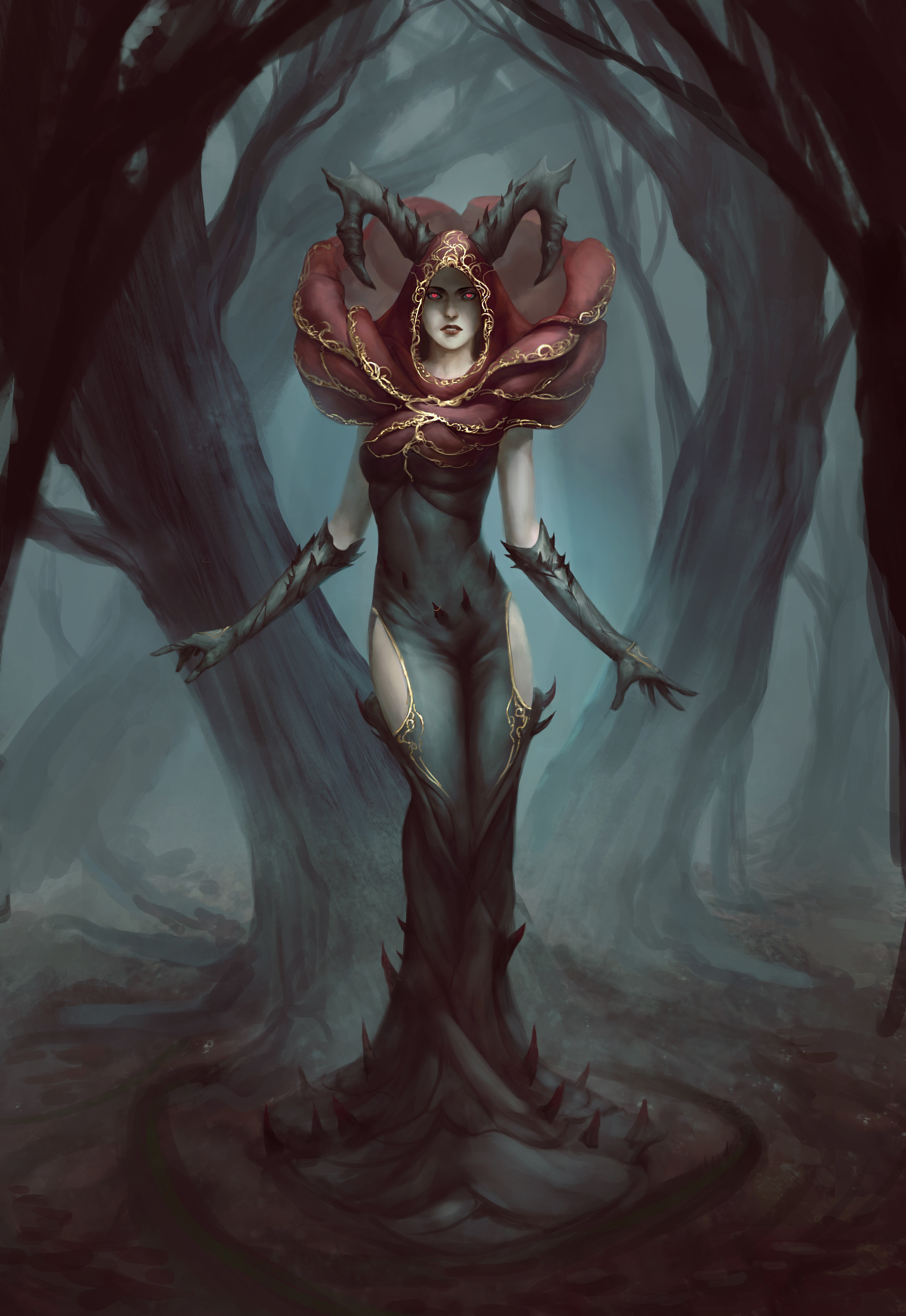 Fantasy warrior woman with rose-like headdress in dark forest HD Wallpaper