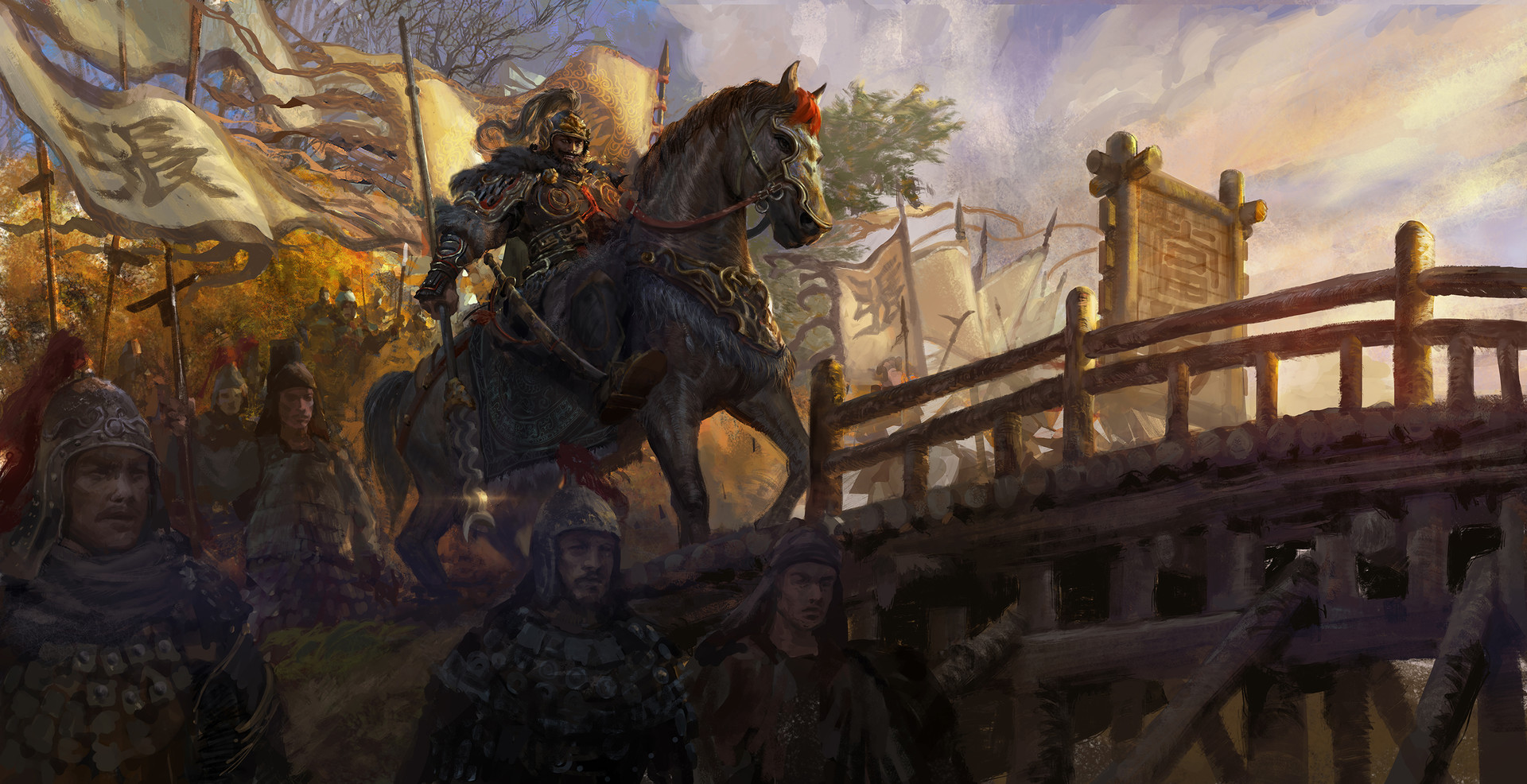Warrior on horseback leading an army across a bridge HD Wallpaper