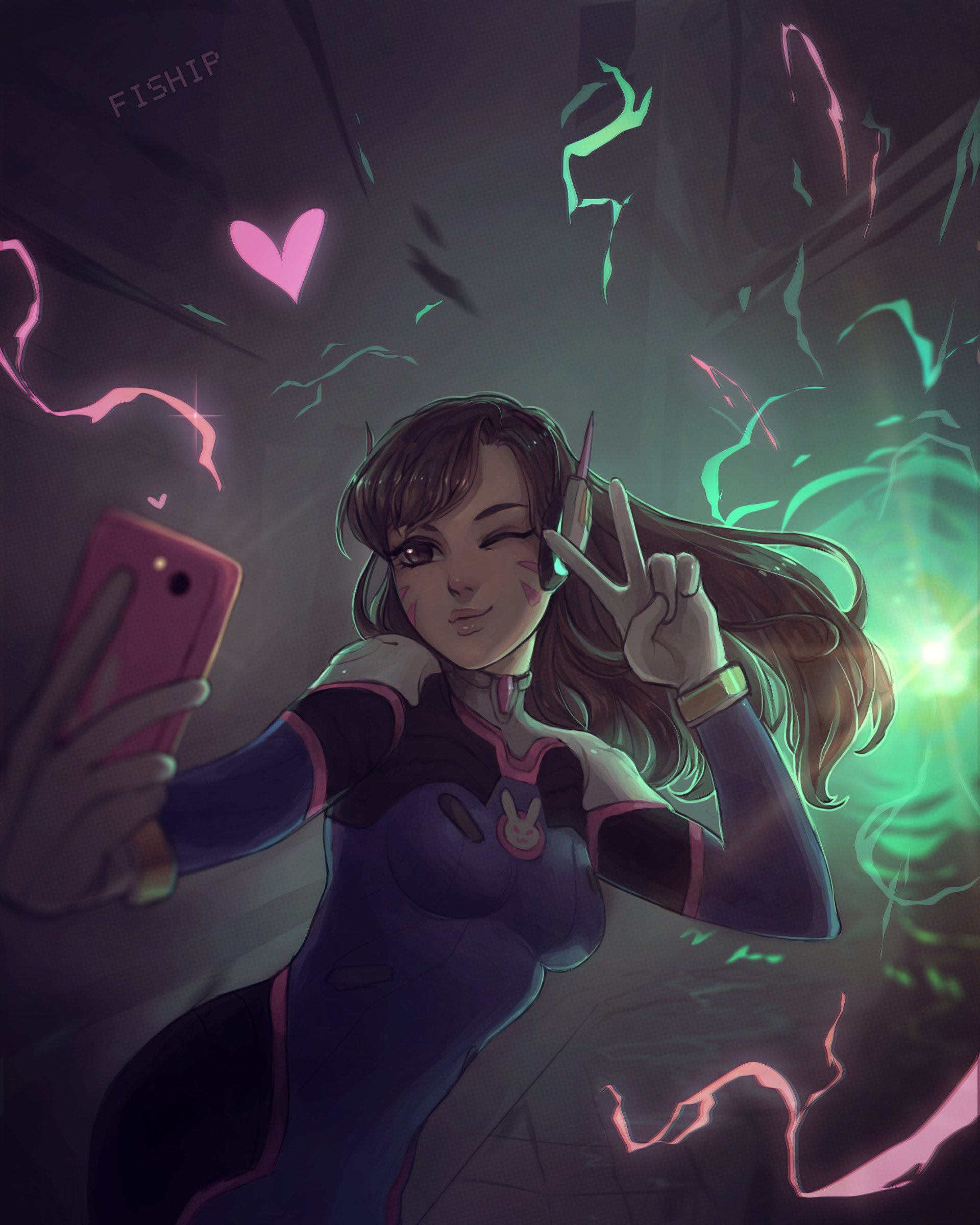 D.Va from Overwatch taking a selfie HD Wallpaper