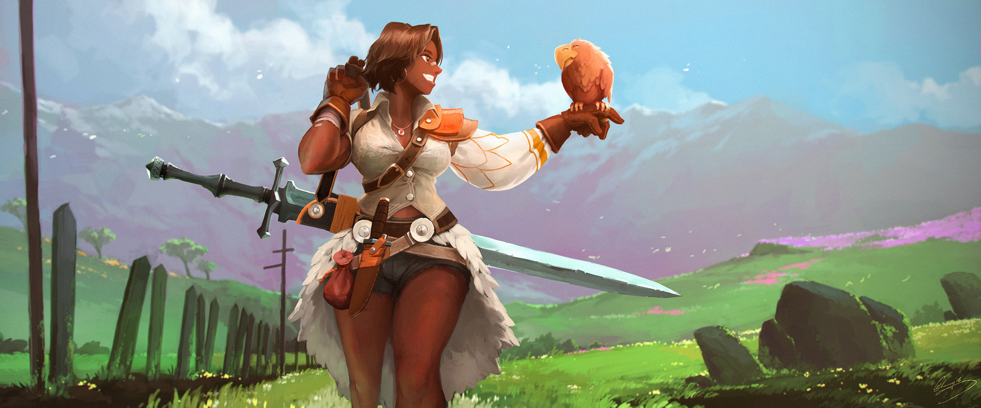 Fantasy warrior woman with sword and falcon HD Wallpaper