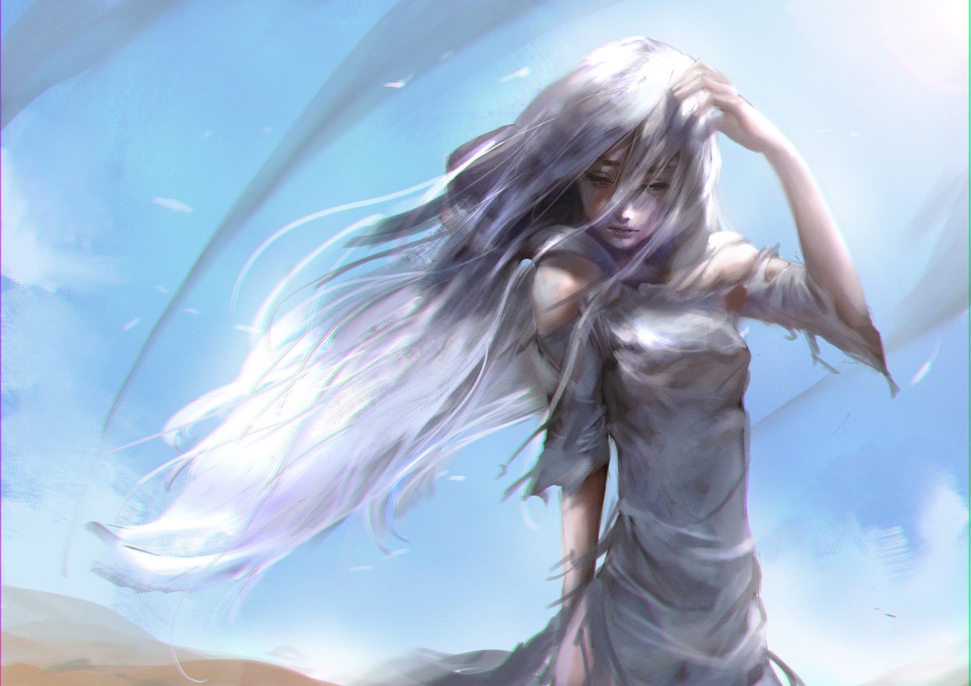 Fantasy art of a woman with white hair HD Wallpaper