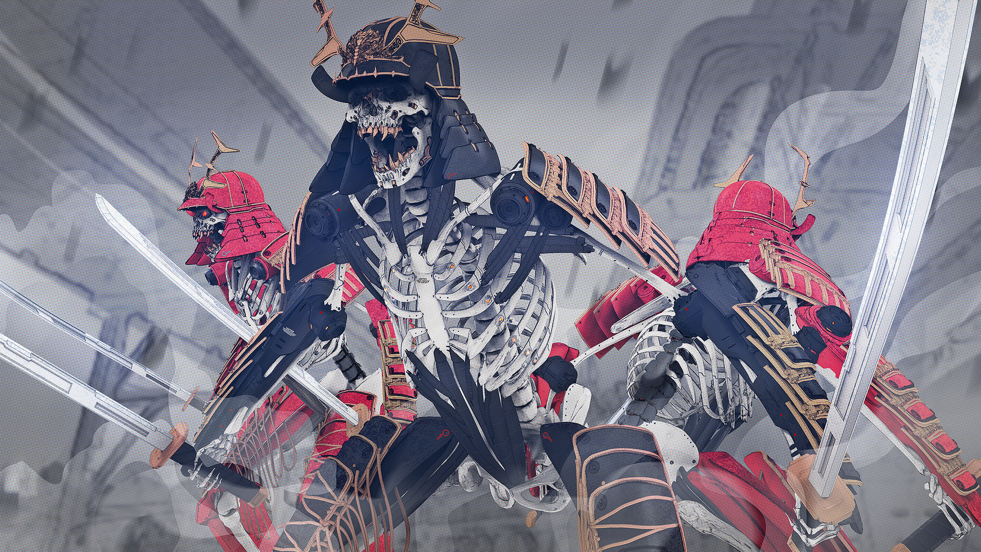 Skeleton samurai warriors with katanas HD Wallpaper