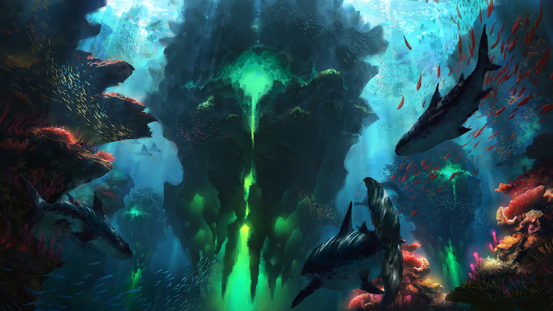 Underwater fantasy art with sharks and coral HD Wallpaper