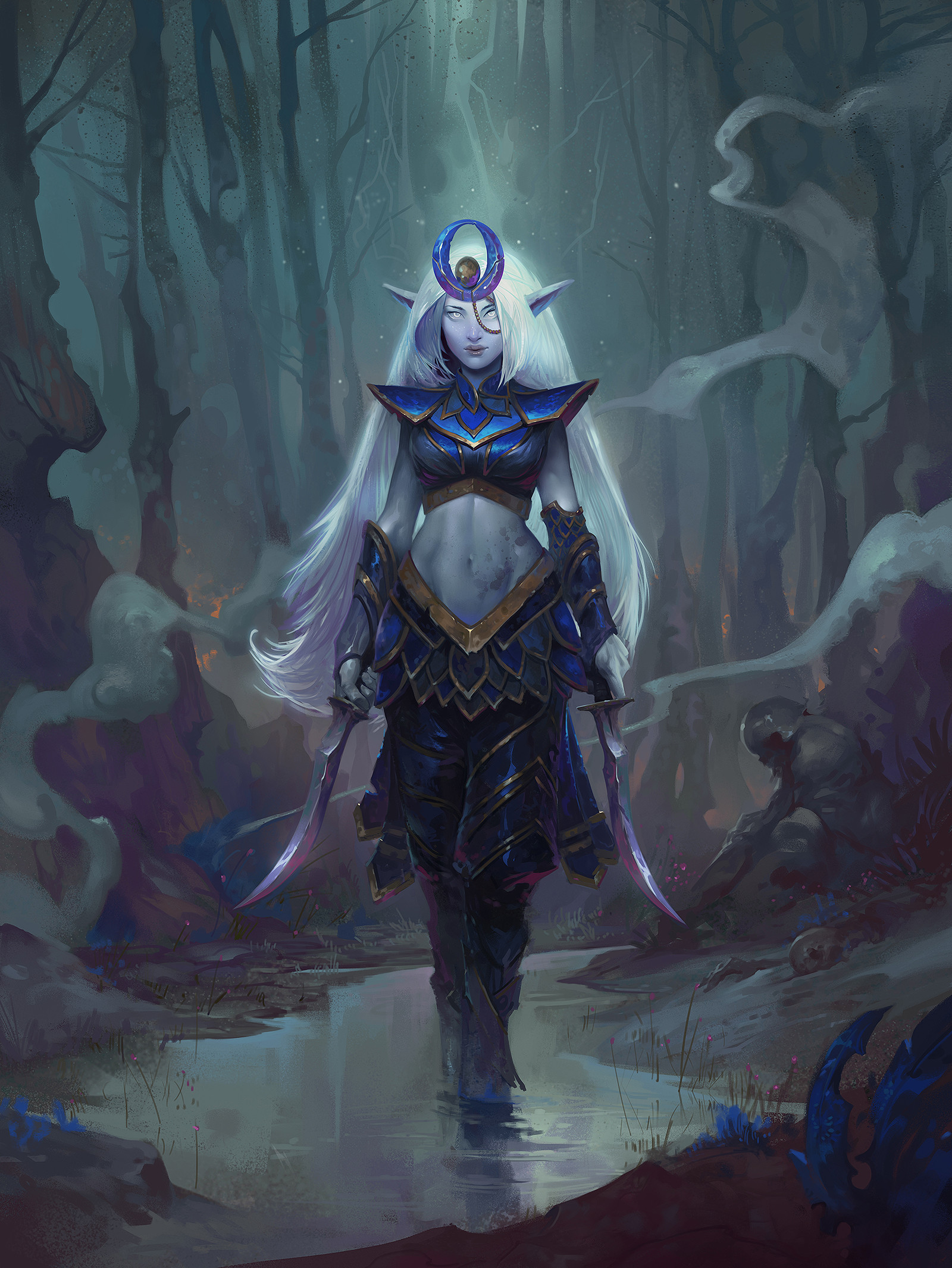 Elf warrior with swords in a dark forest HD Wallpaper
