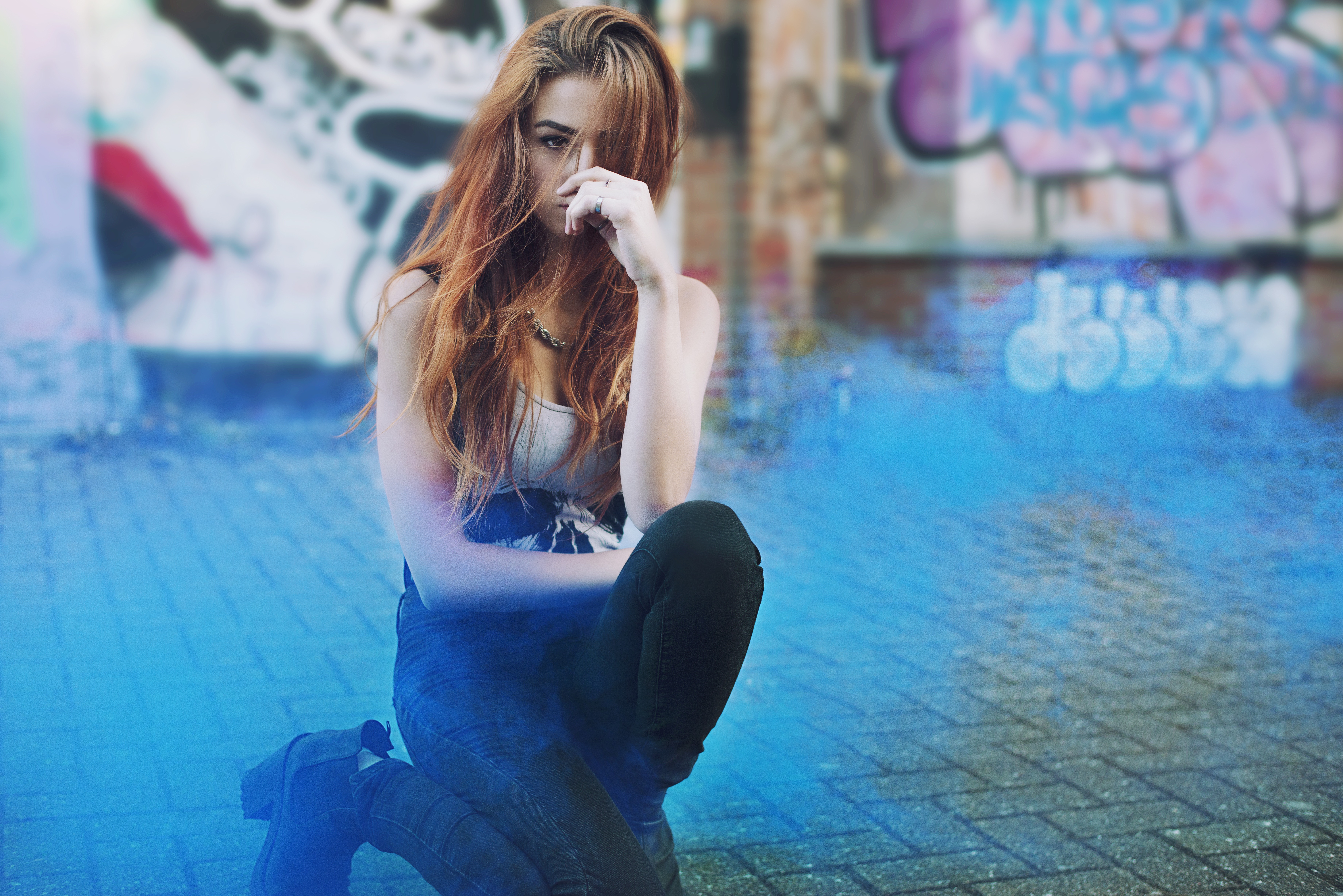 Anastasia Vervueren kneeling with colored smoke HD Wallpaper