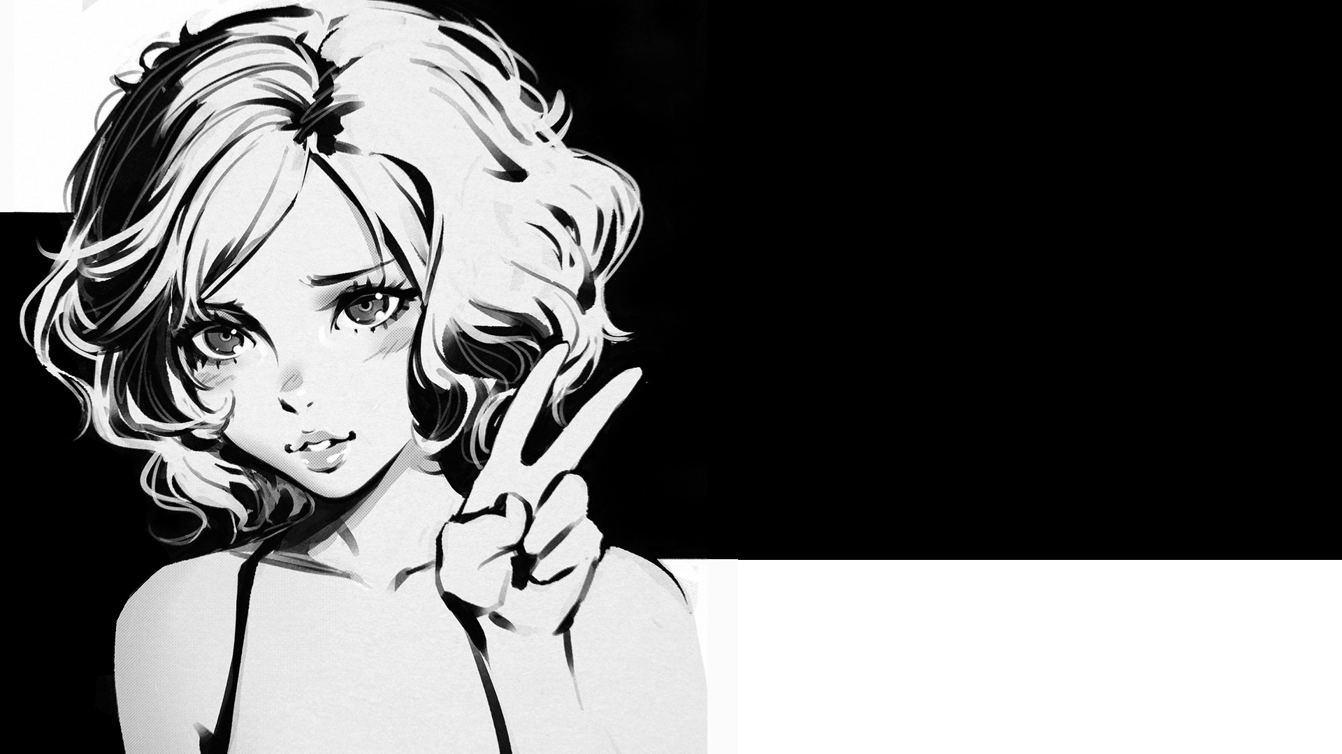 Anime girl with curly hair making peace sign HD Wallpaper