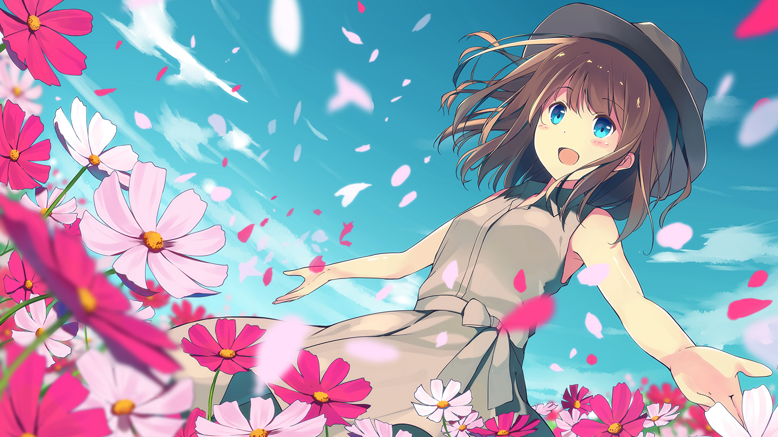 Anime girl with short brown hair and blue eyes in a hat HD Wallpaper