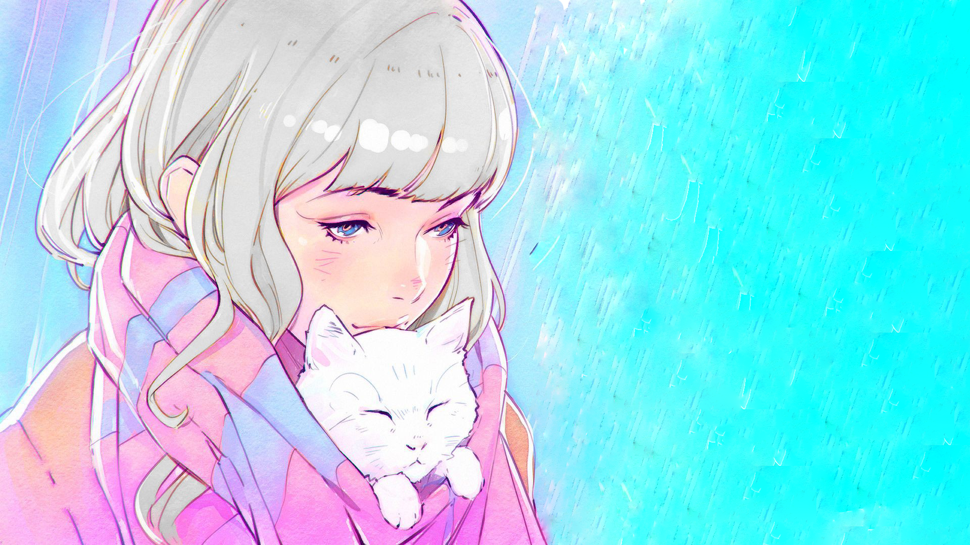 Anime girl holding a white cat in the rain HD Wallpaper