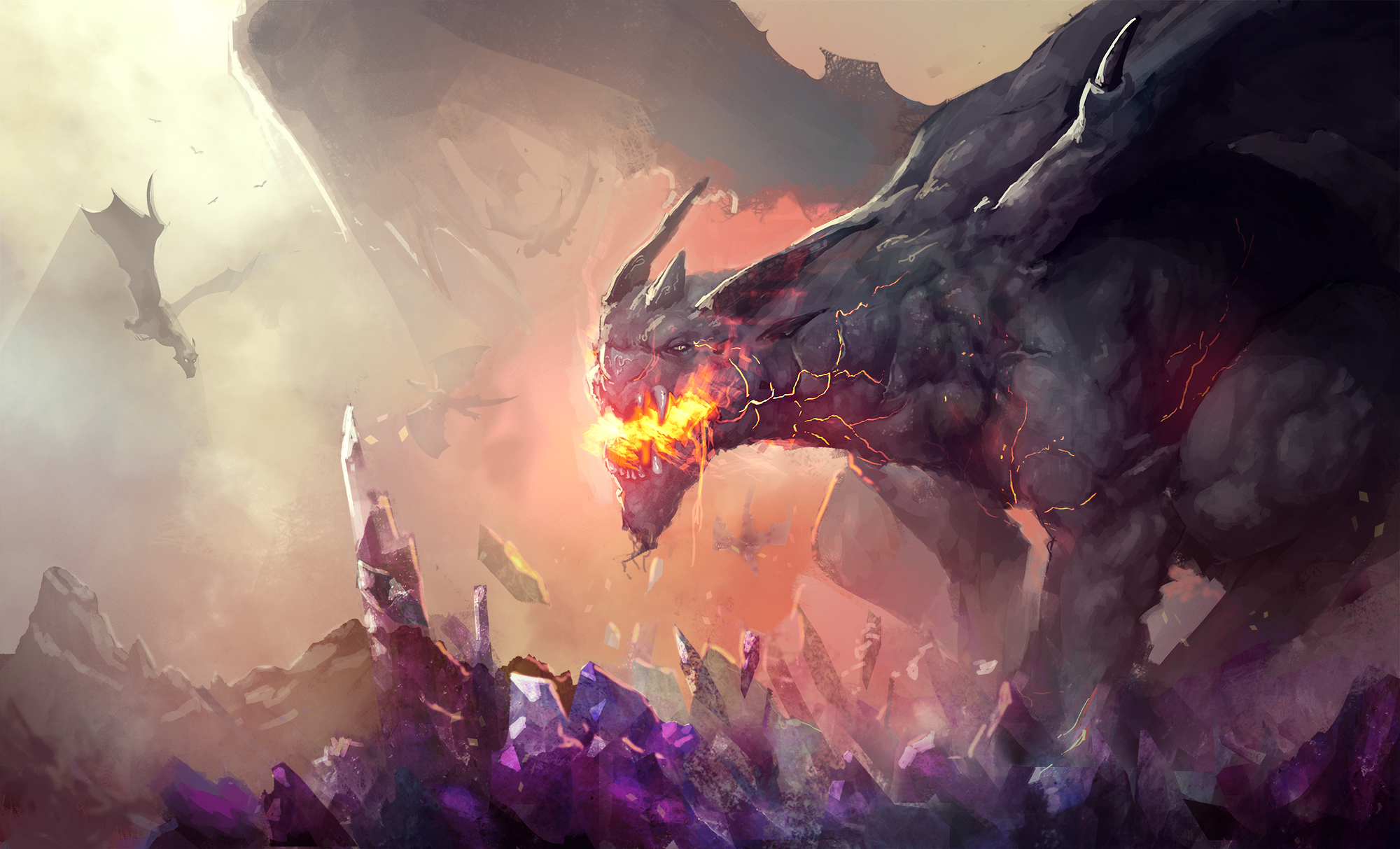 Fantasy art of dragons breathing fire over crystals HD Wallpaper