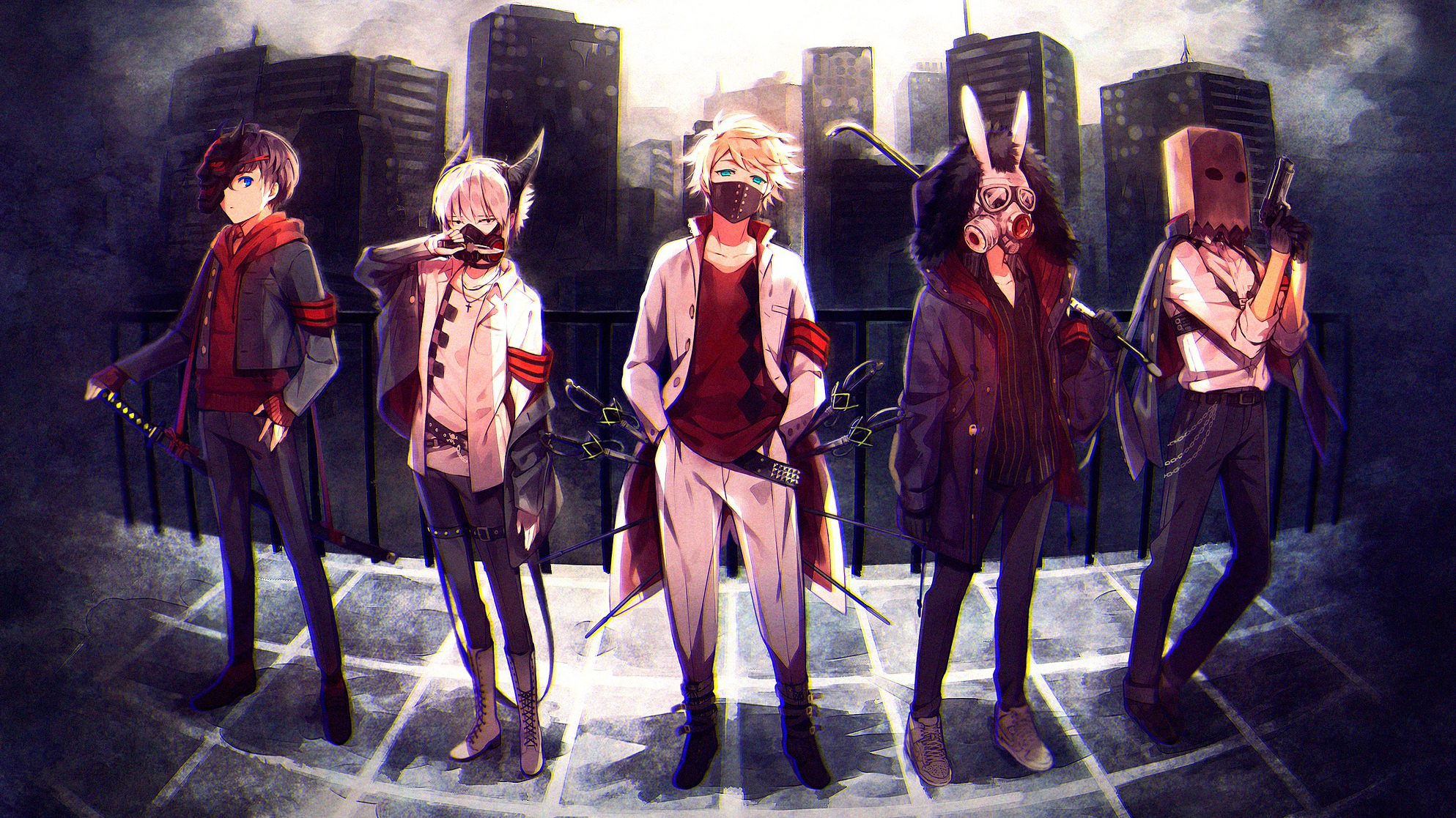 Five masked figures in a dystopian city HD Wallpaper