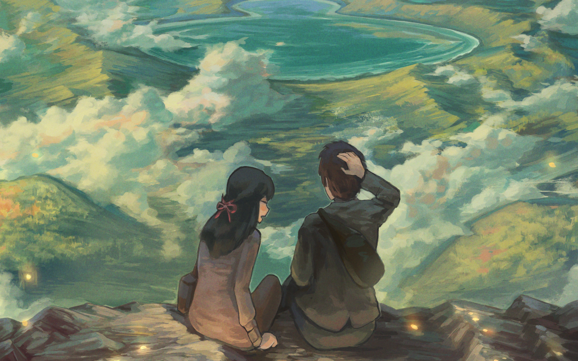Mitsuha and Taki from Your Name overlooking a landscape HD Wallpaper