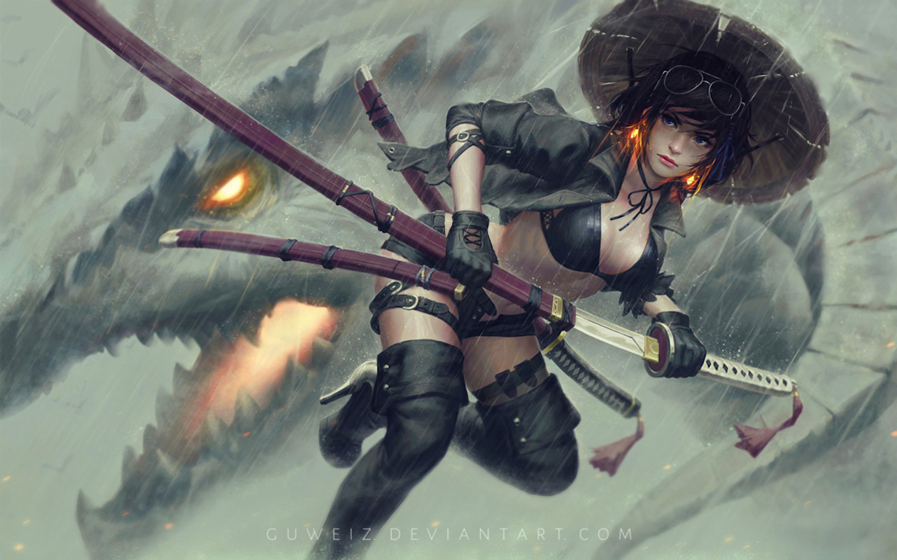 GUWEIZ, katana, horns, fantasy girl, hat, pink hair, animals, navels, shorts, weapon, blue eyes, short hair, sunglasses, glasses, thigh-highs, boots, sword, cleavage, gloves HD Wallpaper