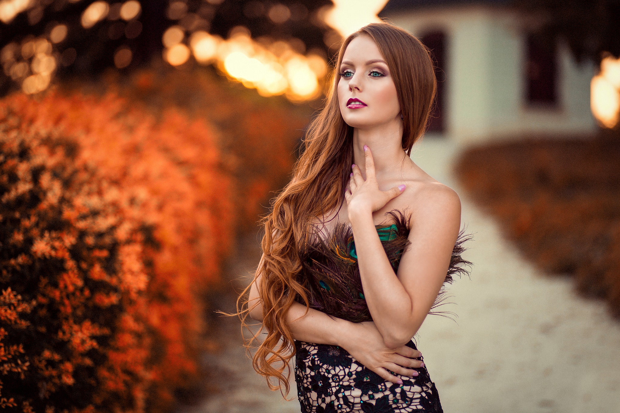 Woman with long hair and peacock feathers HD Wallpaper