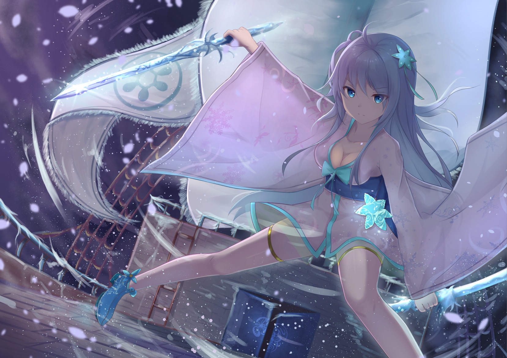 Anime girl with sword on a ship at night HD Wallpaper