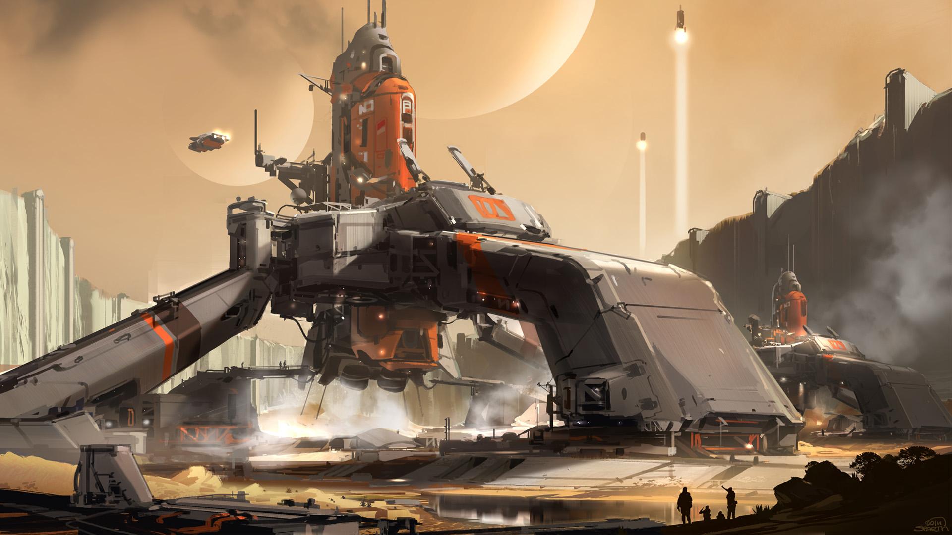 Futuristic industrial complex on a desert planet HD Wallpaper