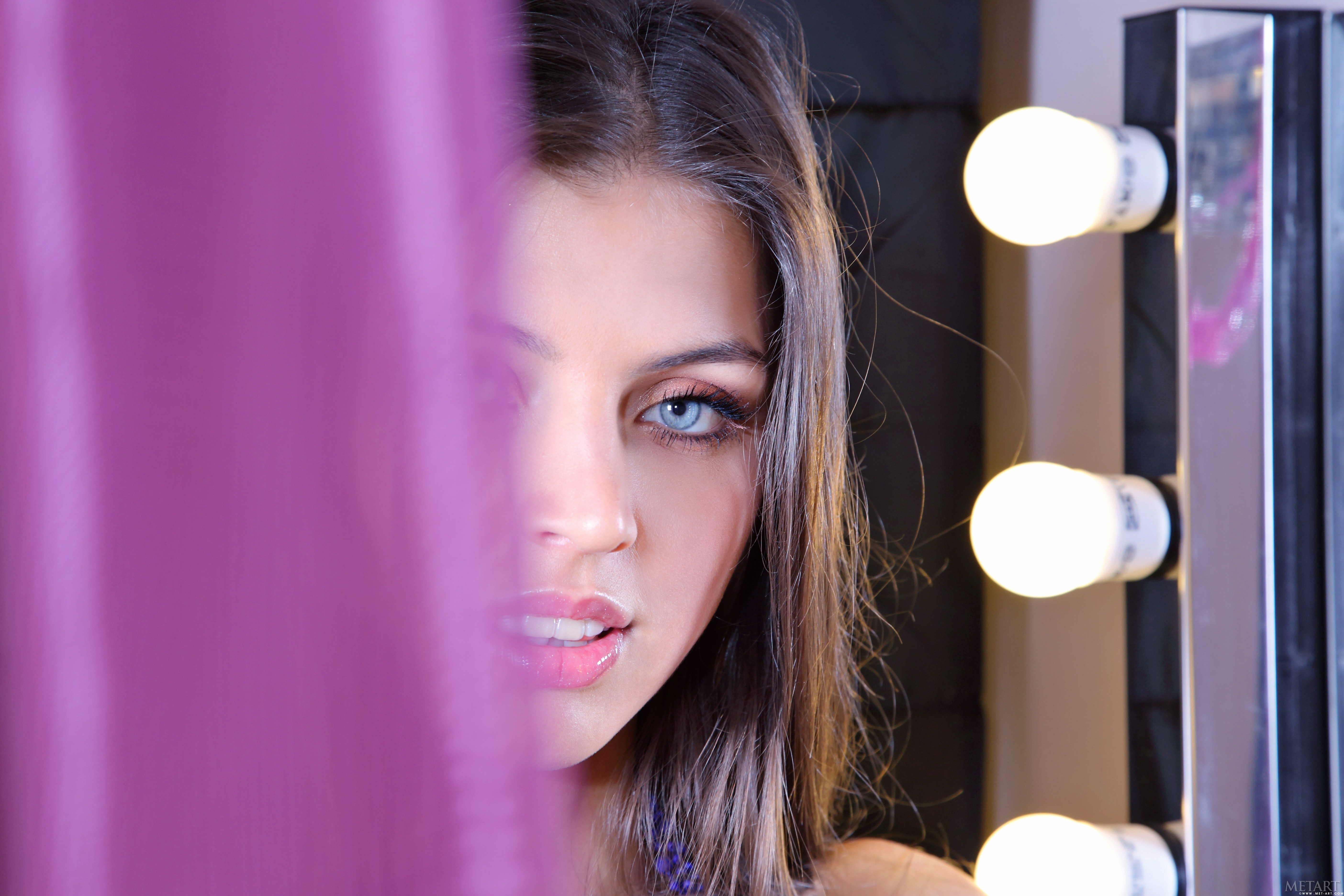 Valentina Kolesnikova with blue eyes peeking through purple curtain HD Wallpaper