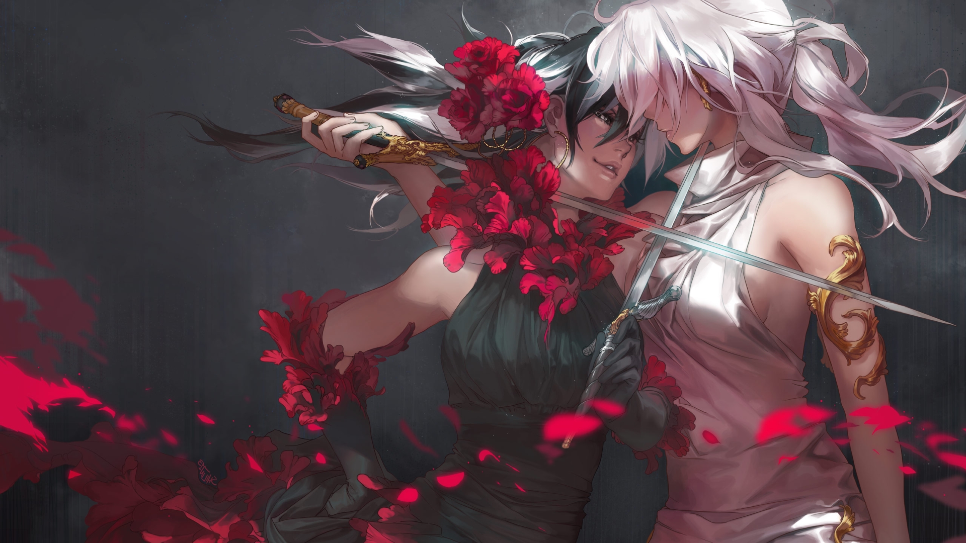 Two anime girls with swords and red flowers HD Wallpaper