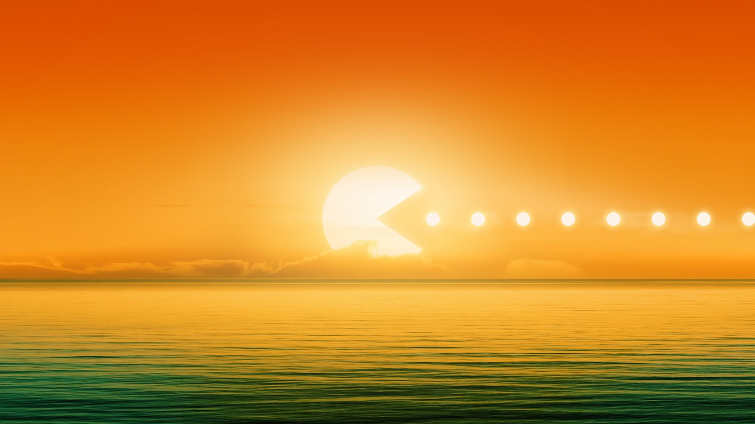 Pac-Man eating dots in a sunset over the sea HD Wallpaper