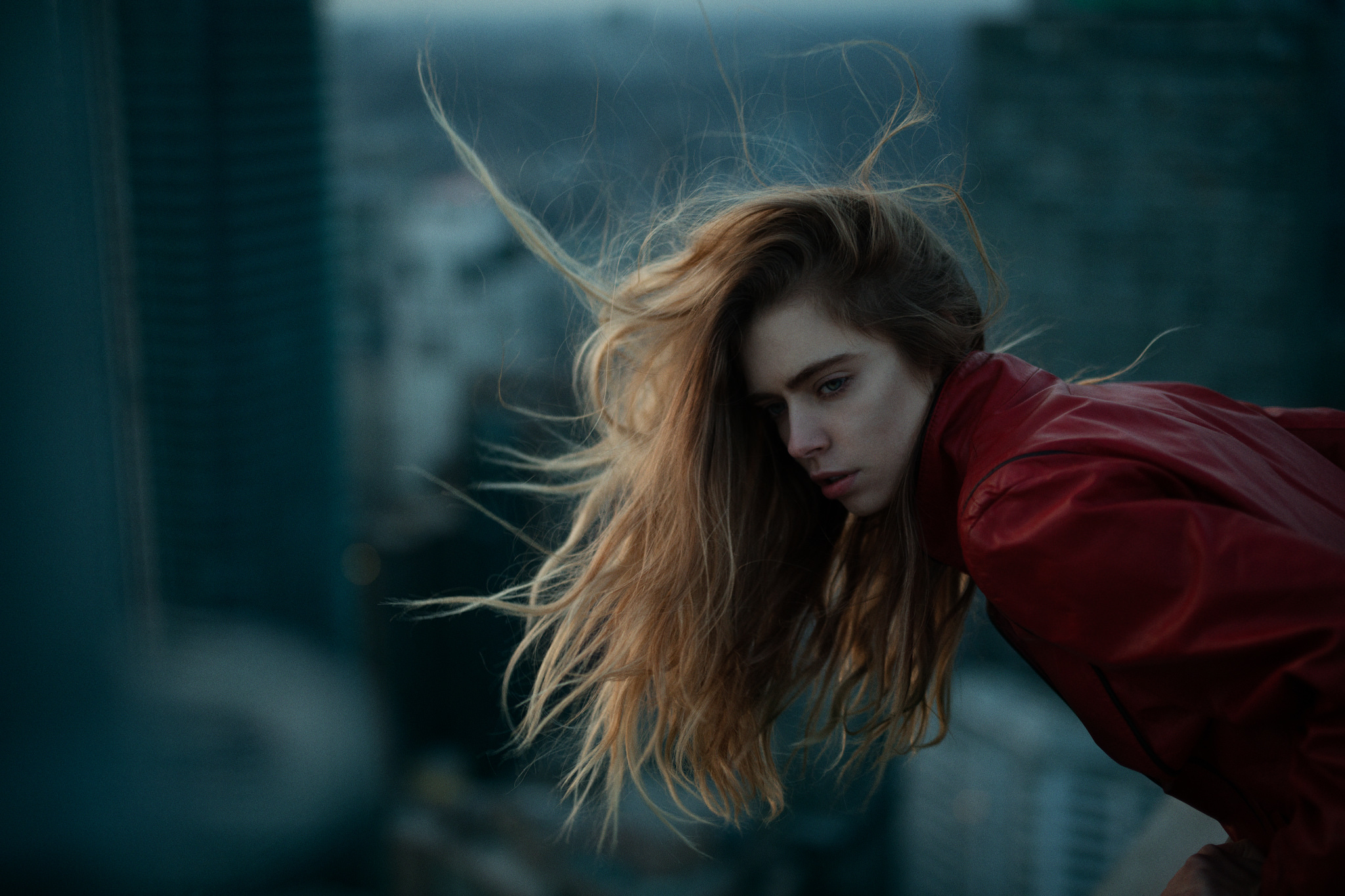 Woman with long blonde hair in red jacket HD Wallpaper